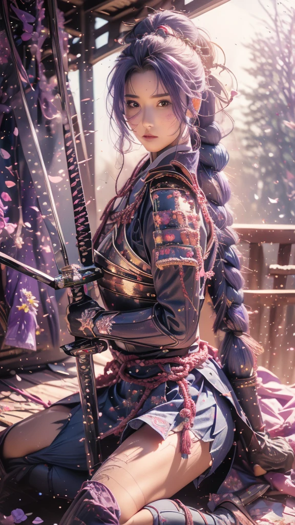 {best quality}, {very aesthetic}, {ultra-detailed}, nsfw、((sitting))、Sexy Lolita female character wearing purple armor as a warrior from the Sengoku period、((realistic))、((rope braid hair))、((Mauve blue hair ))、((toned body))、(glistening skin)、loli、、 tight body、((flat chest))、((side boob))、 flat chested、 plump thighs 、 purple armor with violet flower patterns engraved 、((side boob))、(  wearing a cape with a violet flower pattern )、(drape skirt)、 purple armor with violet flowers engraved on it 、 purple high-leg underwear 、Purple tights、 absolute domain、(holding katana)、Dramatic lighting、Brilliant sunrise、 on top of the hill、((Violets dancing ))、(( full bloom in the background ))、(( large violet flowers in full bloom on the front ))、 cinema-like scene 、 Max Image、 Ultra High Definition、8k、masterpiece、crisp quality、