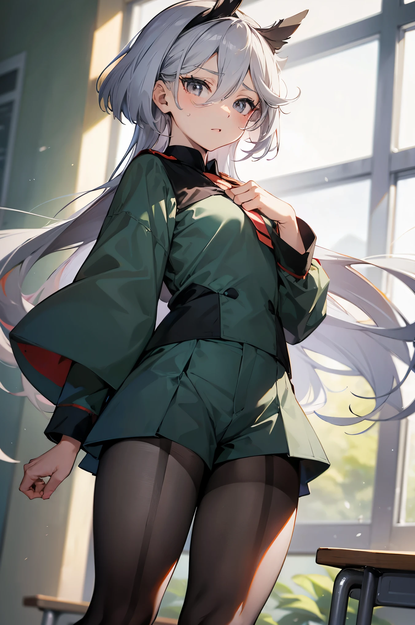 NSFW,(One girl:1.5),miorine1、miorine rembran、Asticasia uniform、solo、Long Hair、Grey Eyes、Grey Hair、Ahoge、Seamed legwear、green micro mini skirt、tie、bangs、Hair between the eyes、Black Pantyhose、Long sleeve、Green jacket、Floating Hair、赤いtie,(Perfect hands),(Perfect Anatomy),(masterpiece),(Highest quality),Embarrassed,blush,(train:1.8),(Being molested:1.5),(Sexual pleasure:1.7),Have patience,Are standing