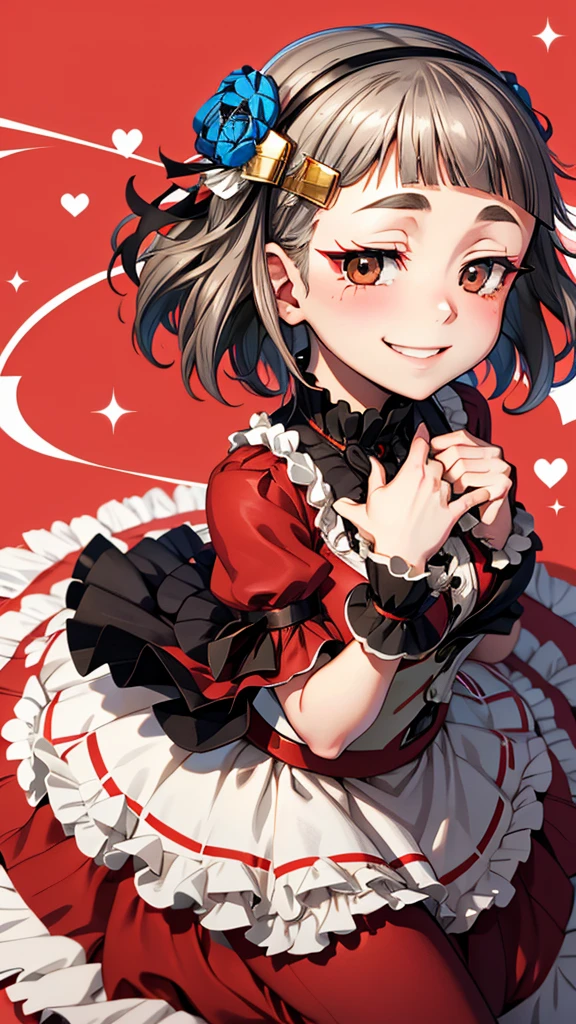 (((solo))), 1 woman, Sakuya Kurobane, sakuyaunif, kurobane_sakuya, (brown eyes), short hair, grey hair, black hairband, blue hair flower, red eyeliner, chest, blush, smile, (upper body), santa claus