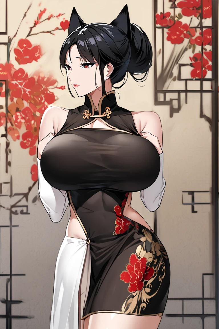  female cat with long black hair with a sexy body and big breasts, This one is wearing a typical Chinese dress 