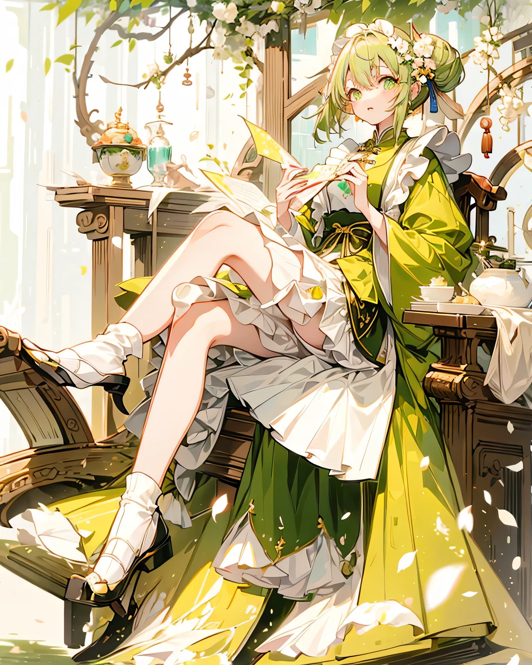 Create an image where a silk jabot adorns the collar of a velvet vest. reflecting the character's preference for classic styles. The jabot should feature intricate embroidery to add an extra touch of elegance,smile, toothy smile, 1girl,solo,hair pulled back,sitting,(((lightbeige straight hair))),Streaked hair,(chartreuse green balance, olive balance, seagreen balance:1.3),detailed embroidered pantyhose,facefocus,detailed embroidered,circlet