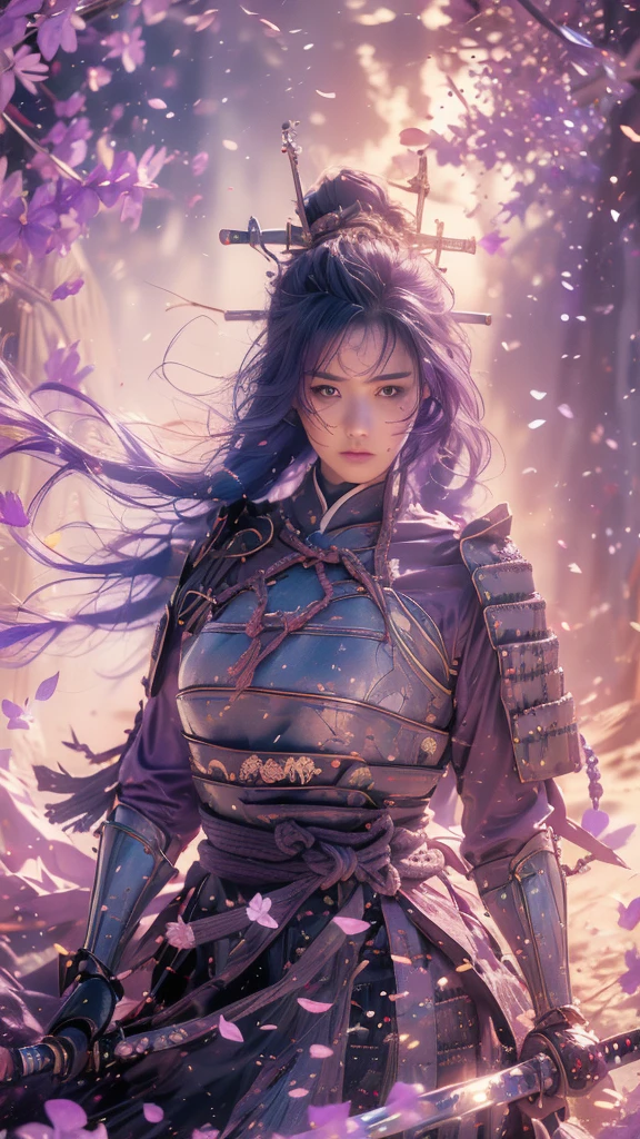 {best quality}, {very aesthetic}, {ultra-detailed}, nsfw、((from above, upper body, looking down))、Sexy Lolita female character wearing purple armor as a warrior from the Sengoku period、((realistic))、((rope braid hair))、((Mauve blue hair ))、((toned body))、(glistening skin)、loli、、 tight body、((flat chest))、((side boob))、 flat chested、 plump thighs 、 purple armor with violet flower patterns engraved 、((side boob))、(  wearing a cape with a violet flower pattern )、(drape skirt)、 purple armor with violet flowers engraved on it 、 purple high-leg underwear 、Purple tights、 absolute domain、(holding katana)、Dramatic lighting、Brilliant sunrise、 on top of the hill、((Violets dancing ))、(( full bloom in the background ))、(( large violet flowers in full bloom on the front ))、 cinema-like scene 、 Max Image、 Ultra High Definition、8k、masterpiece、crisp quality、