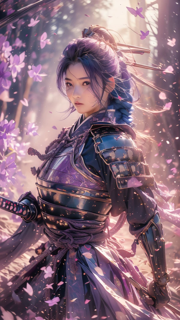 {best quality}, {very aesthetic}, {ultra-detailed}, nsfw、((from above, upper body, looking down))、Sexy Lolita female character wearing purple armor as a warrior from the Sengoku period、((realistic))、((rope braid hair))、((Mauve blue hair ))、((toned body))、(glistening skin)、loli、、 tight body、((flat chest))、((side boob))、 flat chested、 plump thighs 、 purple armor with violet flower patterns engraved 、((side boob))、(  wearing a cape with a violet flower pattern )、(drape skirt)、 purple armor with violet flowers engraved on it 、 purple high-leg underwear 、Purple tights、 absolute domain、(holding katana)、Dramatic lighting、Brilliant sunrise、 on top of the hill、((Violets dancing ))、(( full bloom in the background ))、(( large violet flowers in full bloom on the front ))、 cinema-like scene 、 Max Image、 Ultra High Definition、8k、masterpiece、crisp quality、