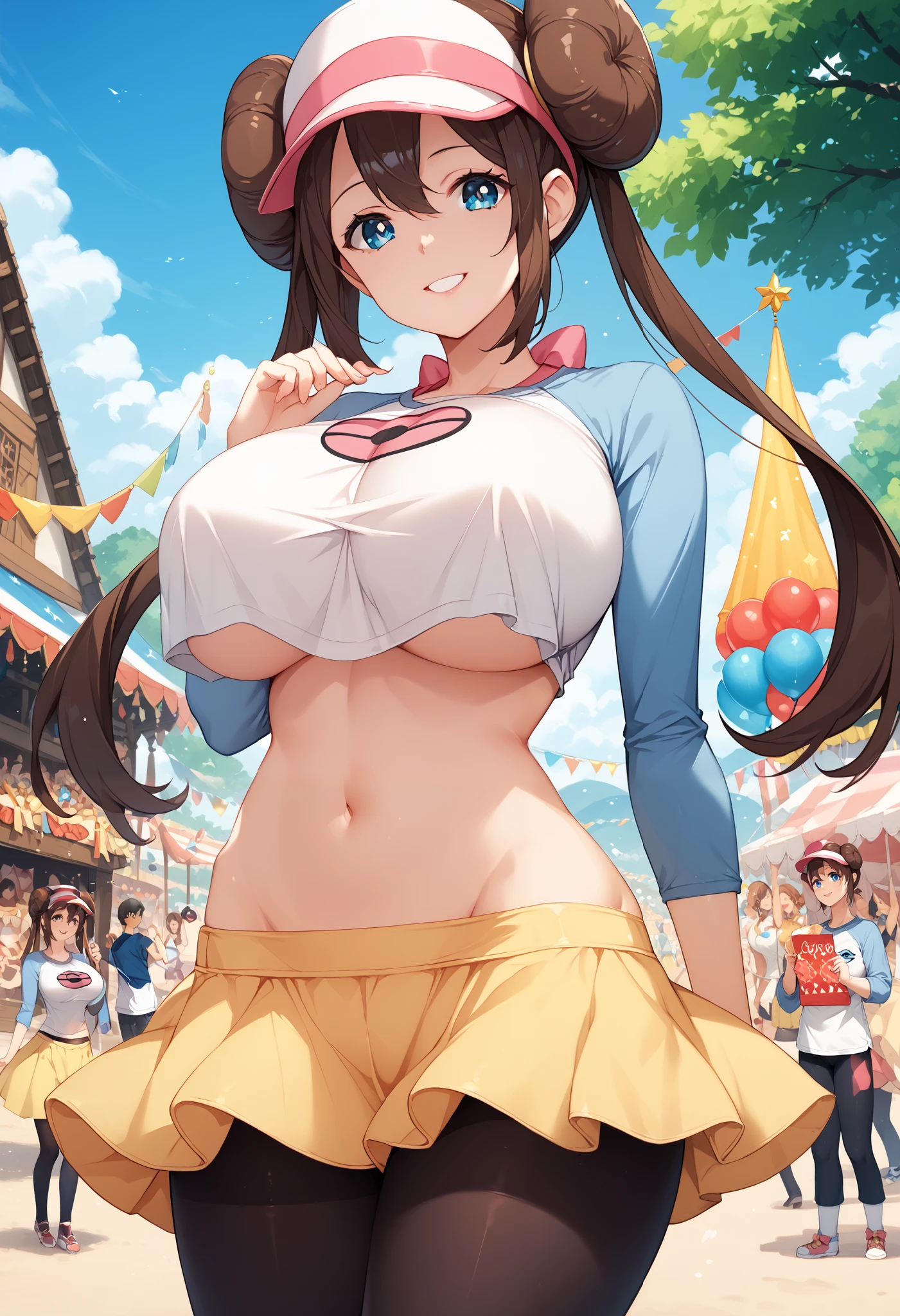 Perfect CG unity 8K UHD wallpaper, Perfect CG unity 8K UHD wallpaper, rosa, brown hair, double bun, hair bun, hair bun, blue eyes, hair between eyes, smile, twintails, pantyhose, pantyhose under shorts, raglan sleeves, skirt, yellow skirt, white shirt, blue sleeves, long sleeves, visor cap, huge breasts, outdoors, carnival, standing, breast curtains, midriff, lowleg skirt, groin