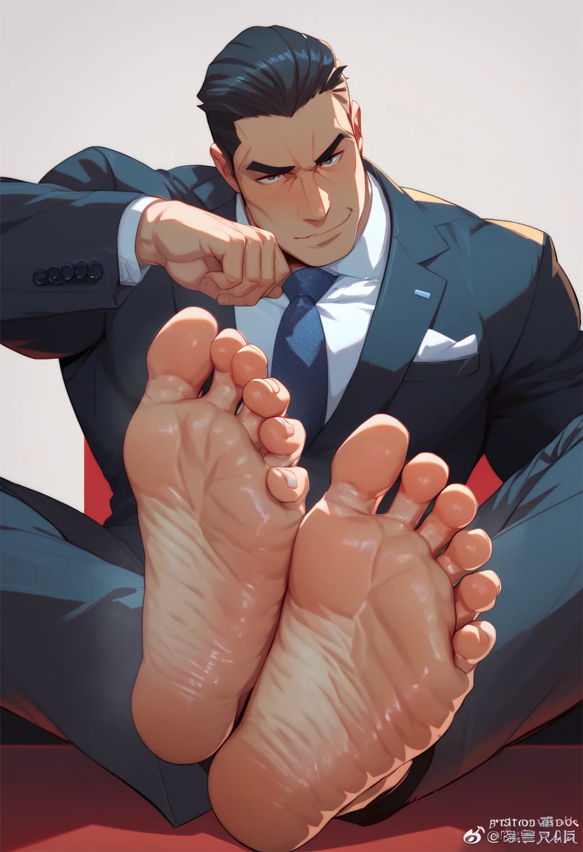 feet focus, feet, veiny, seductive pose, manly, 2 boy, sitting, toes, face, big pecs, instep, hair slicked back, Smelling feet, suit, manly feet 