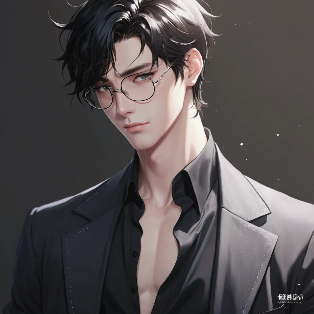 anime guy Wearing glasses and a black shirt and black tie,  handsome man in Demon Slayer art , Anime handsome guy, Delicate bisexual prince , Wearing glasses,  handsome anime pose , anime portrait of  a handsome man, author：The J, The beautiful prince of yin and yang man ,  male anime character ,  a handsome man， black short hair,  was inspired by Zhang Han , Male anime style