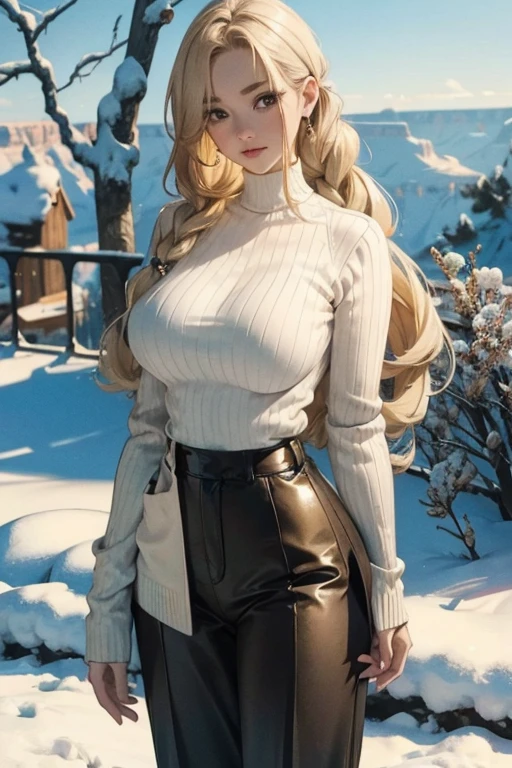 huge chest. excellent chest,   masterpiece ,Ultra realistic,32 mil, extremely detailed CG Unity 8k wallpaper ,  best quality ,   masterpiece ,Ultra realistic,32 mil, extremely detailed CG Unity 8k wallpaper ,  best quality ,(winter day ),madam ,collar ,ear drops, Grand Canyon, United States, ( Pair of orchids: a high-neck sweater fitted with wide-leg pants and loafers. ) , Ash blonde hair with braids ,