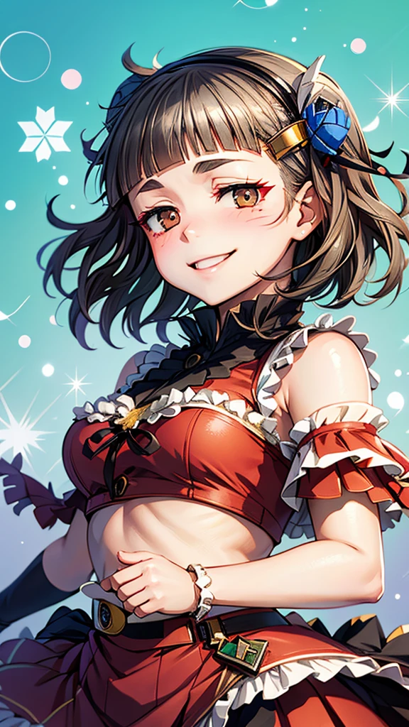 (((solo))), 1 woman, Sakuya Kurobane, sakuyaunif, kurobane_sakuya, (brown eyes), short hair, grey hair, black hairband, blue hair flower, red eyeliner, chest, blush, smile, (upper body), santa claus