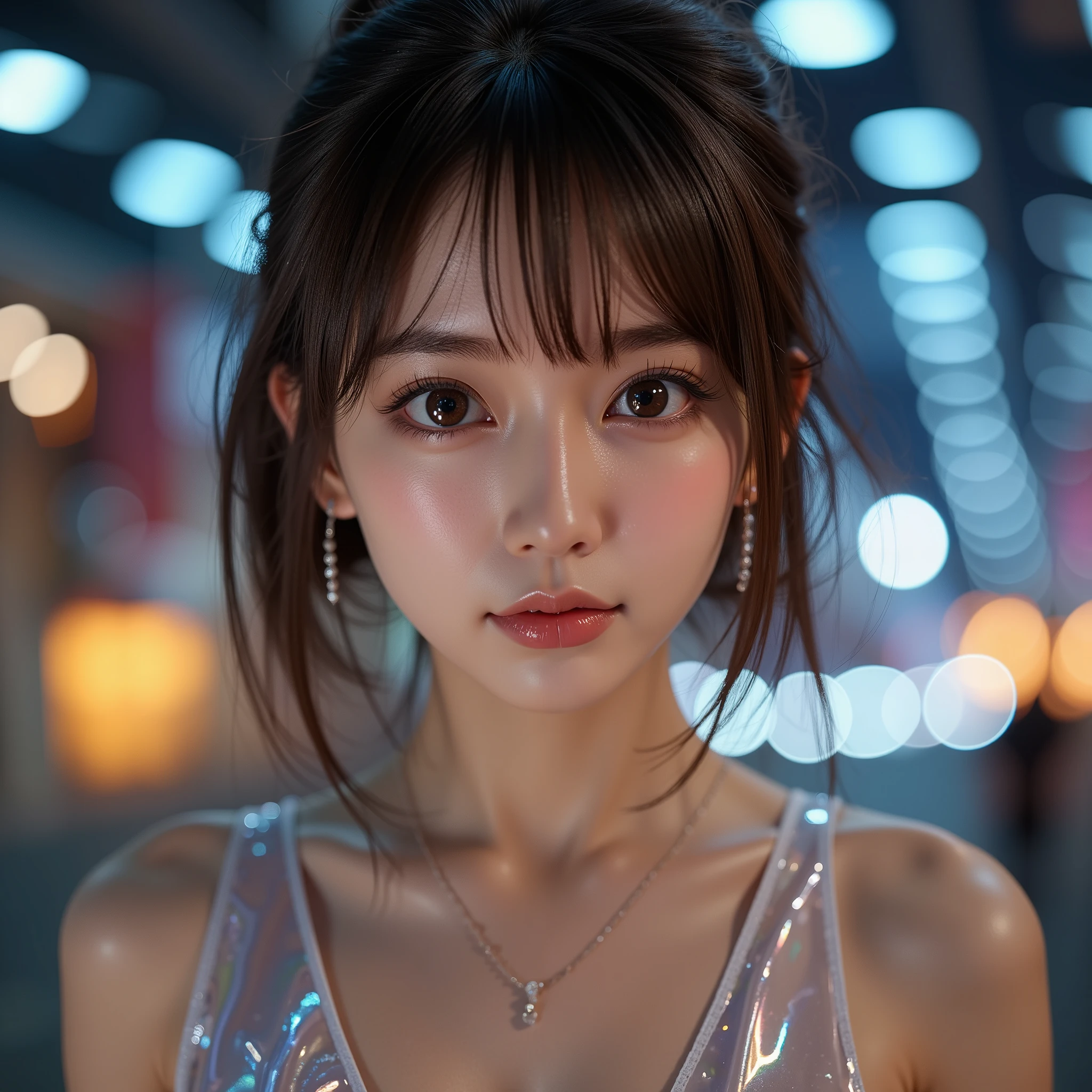 ( Masterpiece:1.30, surrenders:1.5), ( RAW photos :1.5), professional photography, ( Highly detailed clear focus :1.5), movie lighting, (( full body shot:1.4)), break,
(Ultra-detailed beautiful faces:1.10), (Ultra-detailed beautiful slim body:1.9), 21 years old, ( Super Detailed Beautiful Japanese Beauty Female Idols:1.7), ( cute smile:1.3), Woman in the center of the image, break,
( Super Detailed Symmetrical Brown Big Eyes , Ultra-detailed eyelashes, Ultra-detailed double eyelids, Ultra Detailed Beautiful Thick Glossy Lips), (Beautiful Teeth), break,
( Ultra Detailed White, Fine, Glowing Oily Skin :1.5), glossy skin , break,
(( Ponytail, asymmetrical bangs , Super detailed, beautiful, shiny hair:1.5), Light Brown Hair with Purple Hair , break,
( perfect anatomy:1.10)), (bare hands, barefoot:1.5), ( viewers who stop at the edge:1.5), Thin Waist , break,
((Super detailed, beautiful upward-facing breasts, Deep cleavage of F-cup breasts:1.4)), deep v-neck, break,
(( super tight outfit that fits the skin :1.8), Small diamond earrings, small diamond necklace, break,
( ultra metallic holographic garment:1.2), ( Glitter , brightly colored), Muscular body:1.4, Beautiful Shadow Gradients , perfect lighting,