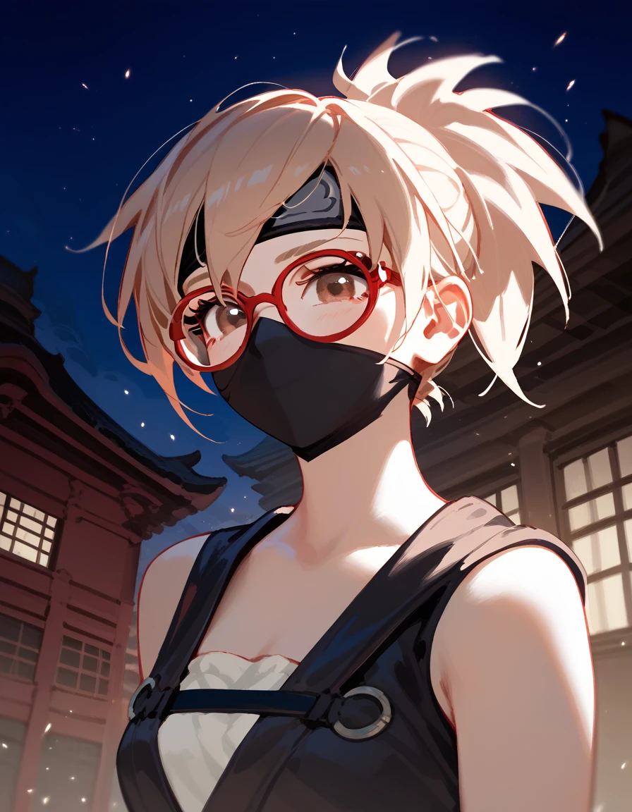 girl,Light cream hair, in brown eyes ,Ninja, with red glasses,Wear a mask,black,cute, Medium Bust ,Dark theme ,Standing on top of a building, at night,