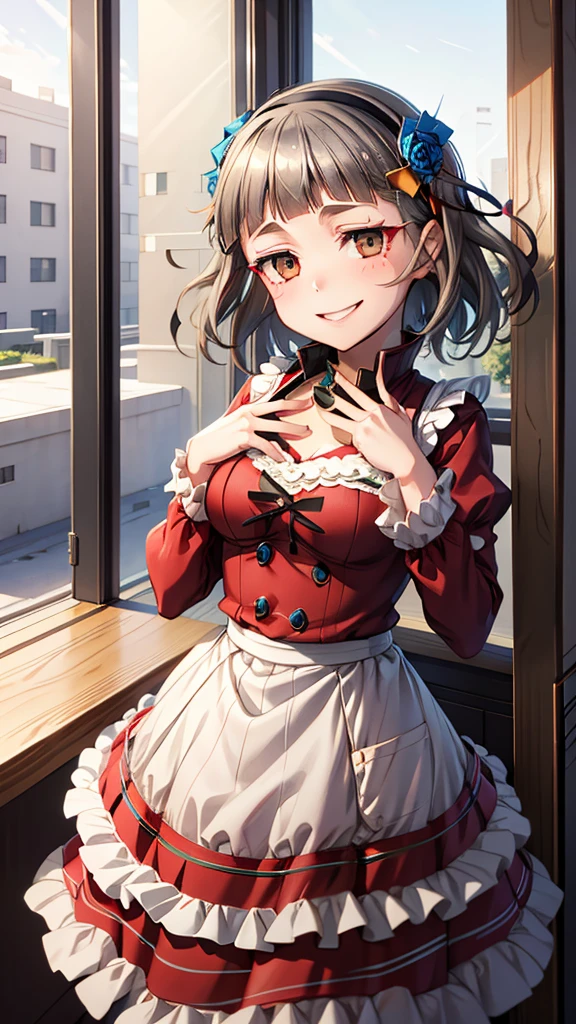 ((best quality)), ((masterpiece)), (detailed)),masterpiece, best quality, dress, skirt, silk fabric, silk dress, red dress, white shirt, full sleeves, dark brown hair, ponytail, long bangs, long hair, red eyes, black pantyhose, medium thighs, looking at viewer, more detail XL, standing, white panties, panties under pantyhose, pantyshot, cowboy shot, from front, pink lips, indoors, light smile, scenery, (negative_v2 Color_Balance_Calibration:0.8)