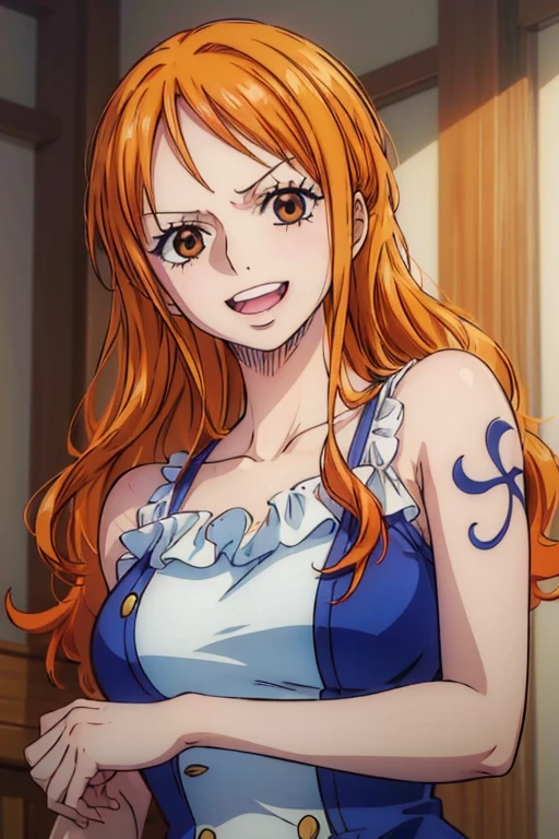  ( top quality, 4K, 8k,  high definition , masterpiece:1.2),  super detailed, ( realistic , photo realistic , photo- realistic :1.37) ,Generate a realistic anime style for Nami in ONE PIECE , must be drawn in anime style , girl with very pale orange yellow hair ,Chignon, beautiful brown eyes,sea, embarrassed expression,F cup size breasts,Beautiful Hair ,(青色の sexyな服),アートスタイルはCharmingなアニメスタイルに似ている.  rendering. For enhanced visual effect, Add HDR, 超 high definition ,  Studio Lighting , Fine painting,  sharp concentration, 物理ベース rendering,  detailed description ,  professional ,  bright color, ボケはなく安定拡散 professional ンプトを、Please enter as is, Generate realistic anime style for Nami in One Piece ,Her hair is bright orange,(Left shoulder tattoo),((( top quality))), (( super detailed)),((masterpiece:1.5)),  detailed pictures, smile,  sexy, ( top quality: 1.4), ( one girl),  beautiful face, ( orange hair,  long hair: 1.3), Beautiful Hairstyle, Beautiful details of the eyes, ( realistic な肌),  Beautiful skin, Beautiful lipstick, beautiful lips, absurd, Charming, 超 high definition ,  high image quality, (Sexually excited:1.5),Cinematic spots:1.5,Perfect means, perfect limb,Perfect means