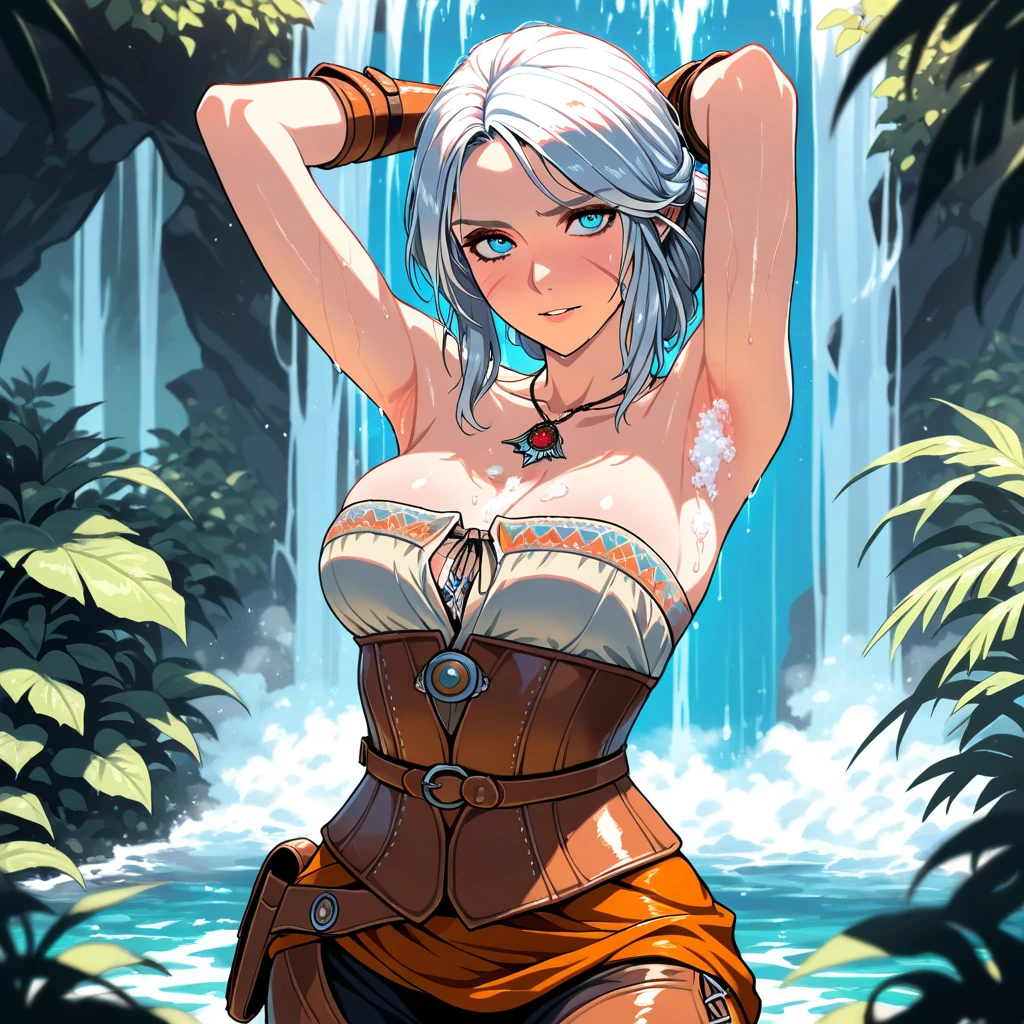 Uma linda mulher de cabelos brancos e seios pequenos e olhos azuis, She is white as snow and is wearing bathing suits from the medieval era in the middle of a paradisiacal waterfall in a kind of lake in the middle of the forest a beautiful waterfall in the background in the middle of a natural paradise an art for a medieval RPG medieval art for RPG