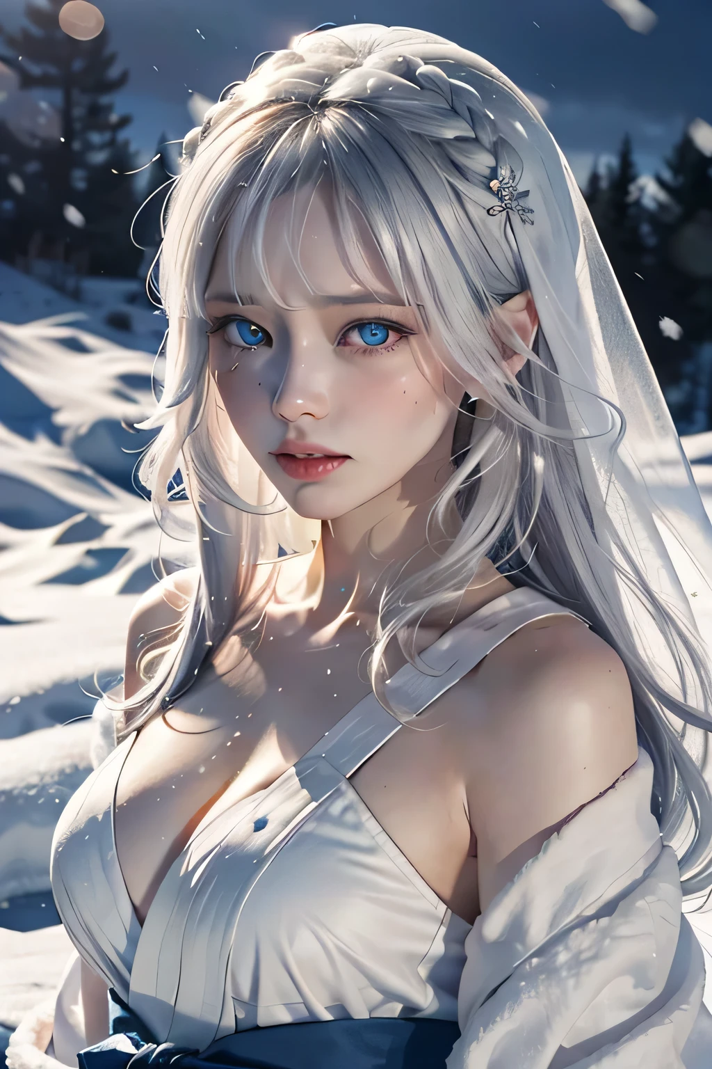 An elven (((Female Bodybuilder))) with ice powers, wearing a beautiful icy blue dress, standing in a snowy frozen landscape. The girl has long silver hair, sparkling blue eyes, and pale, flawless skin. Her dress is made of shimmering ice crystals, with intricate frost patterns and delicate snowflake ornaments. She has a calm, regal expression on her face and wears a silver tiara on her head. The surrounding landscape is covered in glittering snow, with tall ice pillars and frost-covered trees. The sky is filled with swirling snowflakes and a soft, ethereal light illuminates the scene. The colors are cool and muted, with shades of icy blues, silvers, and whites dominating the palette. The light casts long, dramatic shadows, adding depth and dimension to the image. The overall image quality is of the highest standards, with sharp details, realistic textures, and a sense of depth. The artwork is created using a combination of digital painting and 3D rendering techniques, resulting in a stunningly detailed and lifelike image.