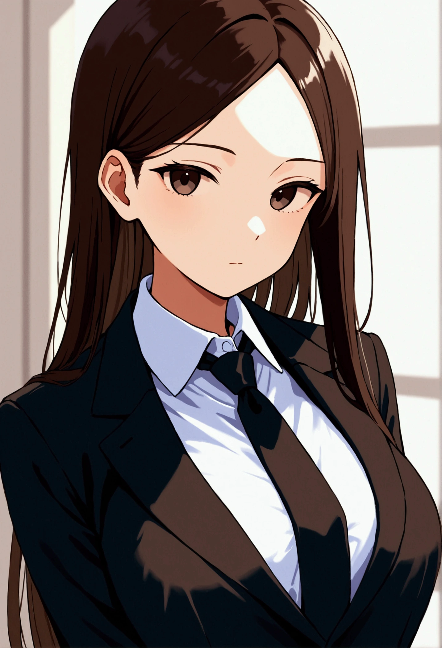 Woman, black brown hair, long straight hair, no bangs, innocent and nice looking face, 157cm tall, big chest for small size, black suit with long tie a little loose and top buttoned, expressionless, front