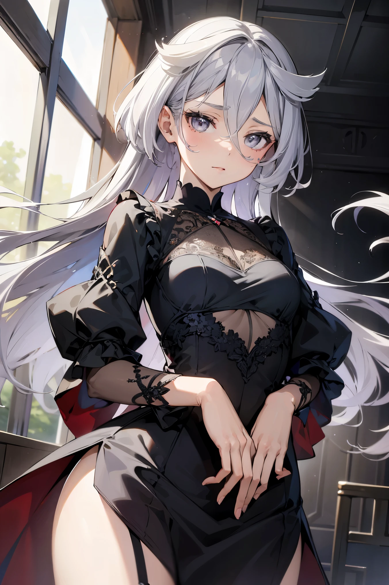 (Highest quality, High resolution, Very detailed), 1 female, Silver Hair, Long Hair, Reddish brown eyes, Black long dress, lace thong, garter belt, 20th generation, Beautiful woman, talk, quiet, Calm, venue,