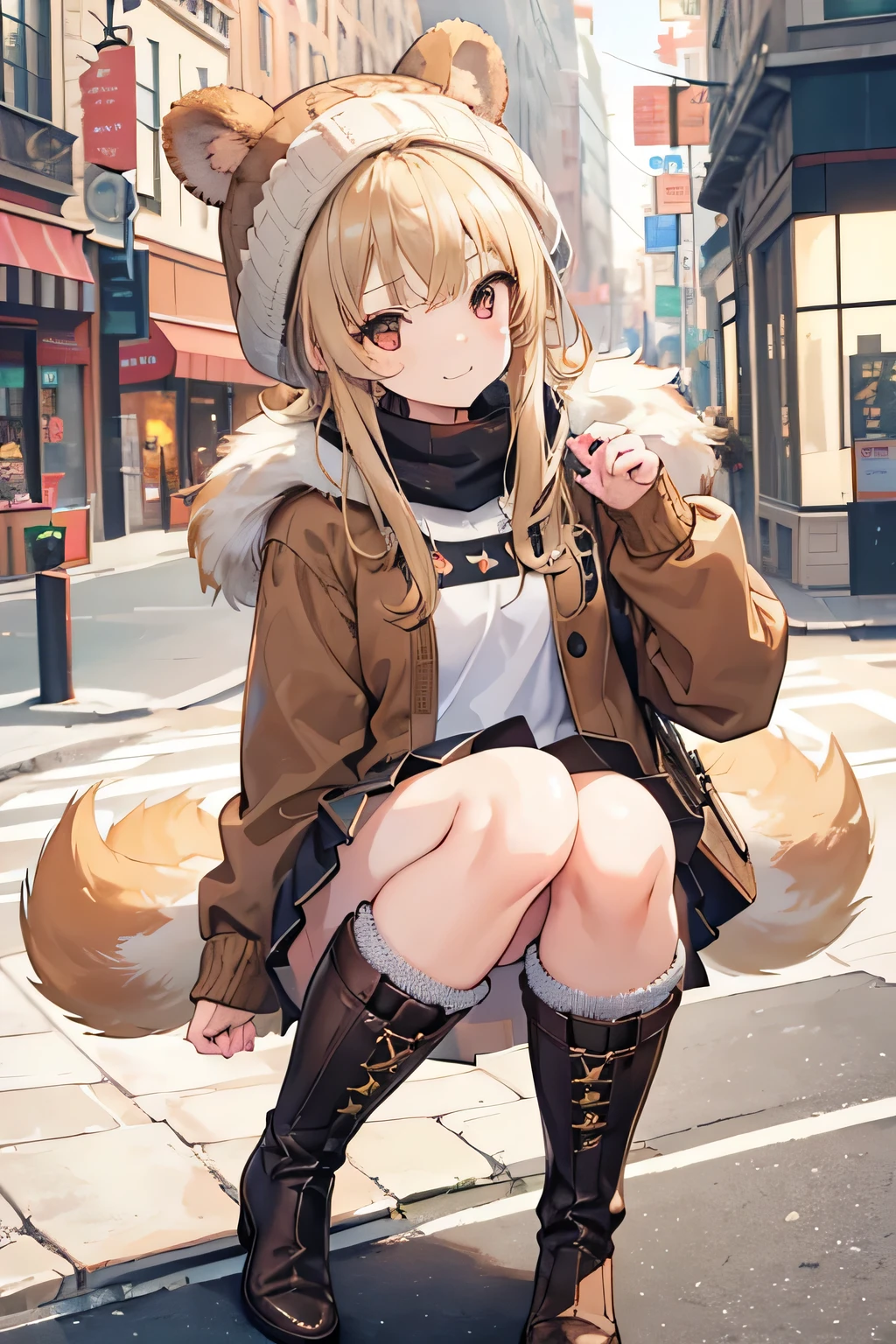 Browsing Caution,girl, Fair skin, Light brown hair, Long Bangs, Bunny ears, Big Breasts, Thin legs, Pink Sweater, Grey Pants, Black boots, Dark brown eyes, anime, 2D, comics. Ultra HD、Highest quality、8k(大人向けcomicsのワンシーンを描いた作品), ((Manga style line drawing background)), ((Pleated skirt, Round face, Realistic sized eyes, Droopy eyes, blush, Sweat, Smile of shame, Thin lips, Spread your legs)), (((Stand up and slam your groin into the corner of the table, orgasm))), Open your mouth, On the sidewalk, Terrace table,Sexy pose、No pants, no bra、Spreading pussy