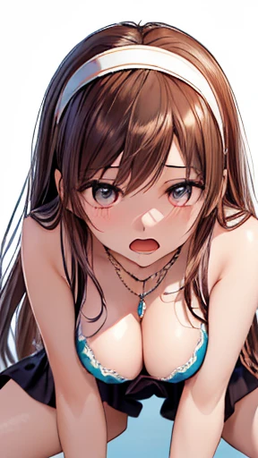 beautiful detailed eyes, Blue eyes, half-closed eyes, (tareme), [1girl, mihono bourbon \(umamusume\), umamusume],(opened big mouth, licking, Sticky tongue), nsfw, (close-up mouth), (curvy, Slender),(cleavage), from above, Highest quality, Super detailed, masterpiece, Ultra-high resolution, 8k, Embarrassing, blush, Lovely, (With tears in my eyes), Sticky saliva