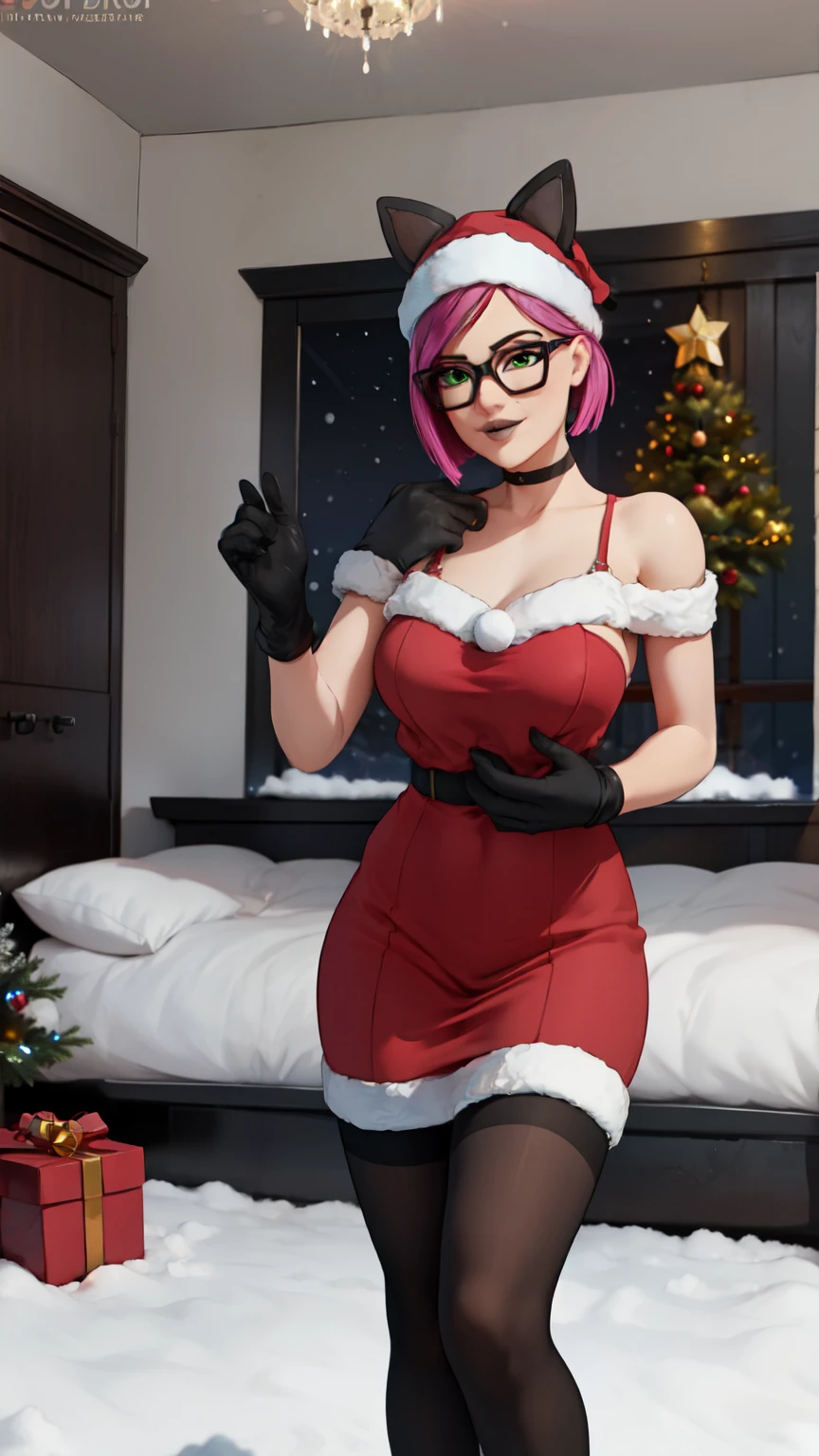 ela_(rainbow_six_siege), masterpiece, best quality, 1girl, camouflage, solo, green hair,, cuerpo completo , grandes tetas, gran trasero, voluptuoso, piernas abiertas , pose sexy , escote , Christmas hat , Christmas Clothes, nieve , christmas lingerie, christmas coat , christmas stockings , christmas heels