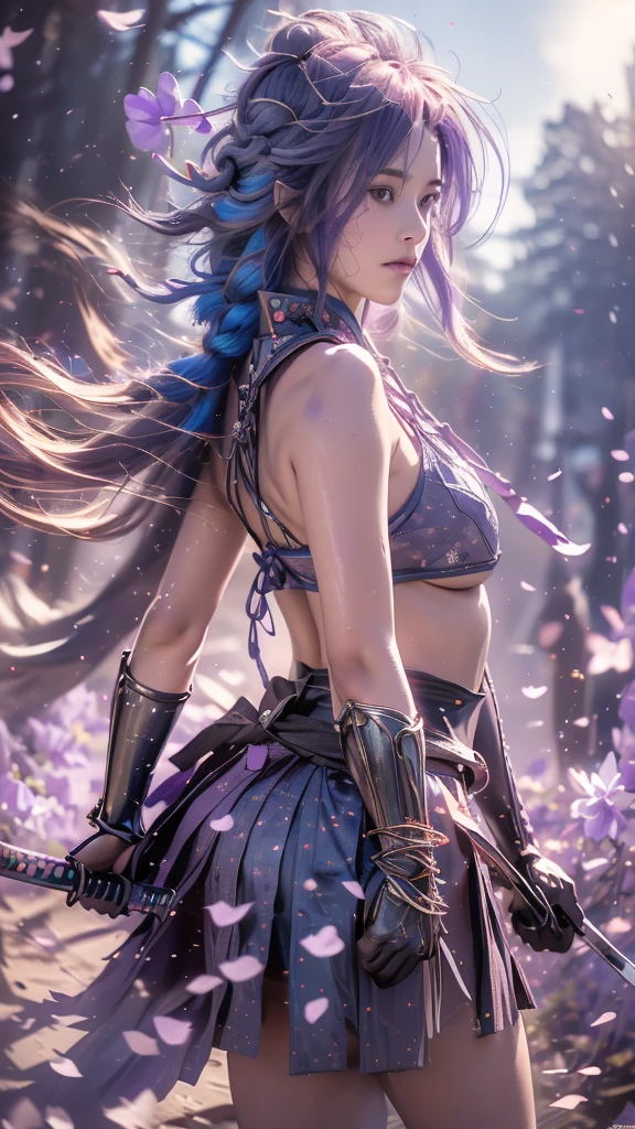 {best quality}, {very aesthetic}, {ultra-detailed}, nsfw、((from side, portrait, looking away))、Sexy Lolita female character wearing purple armor as a warrior from the Sengoku period、((realistic))、((rope braid hair))、((Mauve blue hair ))、((toned body))、(glistening skin)、loli、、 tight body、((flat chest))、((side boob))、 flat chested、 plump thighs 、 purple armor with violet flower patterns engraved 、((side boob))、(  wearing a cape with a violet flower pattern )、(drape skirt)、 purple armor with violet flowers engraved on it 、 purple high-leg underwear 、Purple tights、 absolute domain、(holding katana)、Dramatic lighting、Brilliant sunrise、 on top of the hill、((Violets dancing ))、(( full bloom in the background ))、(( large violet flowers in full bloom on the front ))、 cinema-like scene 、 Max Image、 Ultra High Definition、8k、masterpiece、crisp quality、