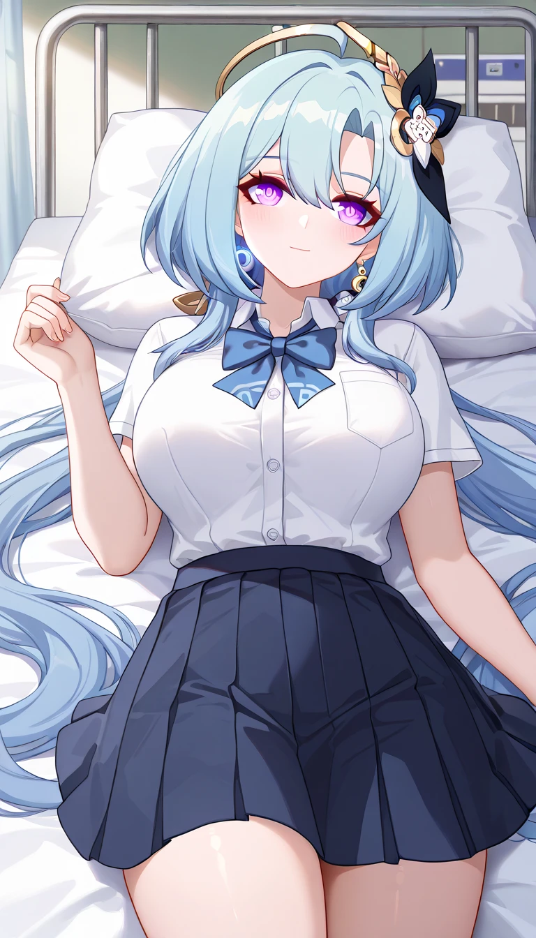 ultra-detailed,(best quality),((masterpiece)),(highres),original,extremely, 1girl, griseo, Cosmic Expression, Gris_Def, honkai impact 3rd,beautiful lady, purple eyes, blue hair, large breasts, blush,closed mouth, happy, multicolored hair, long hair, school uniform , School Infirmary,on the bed, laying on the bed,