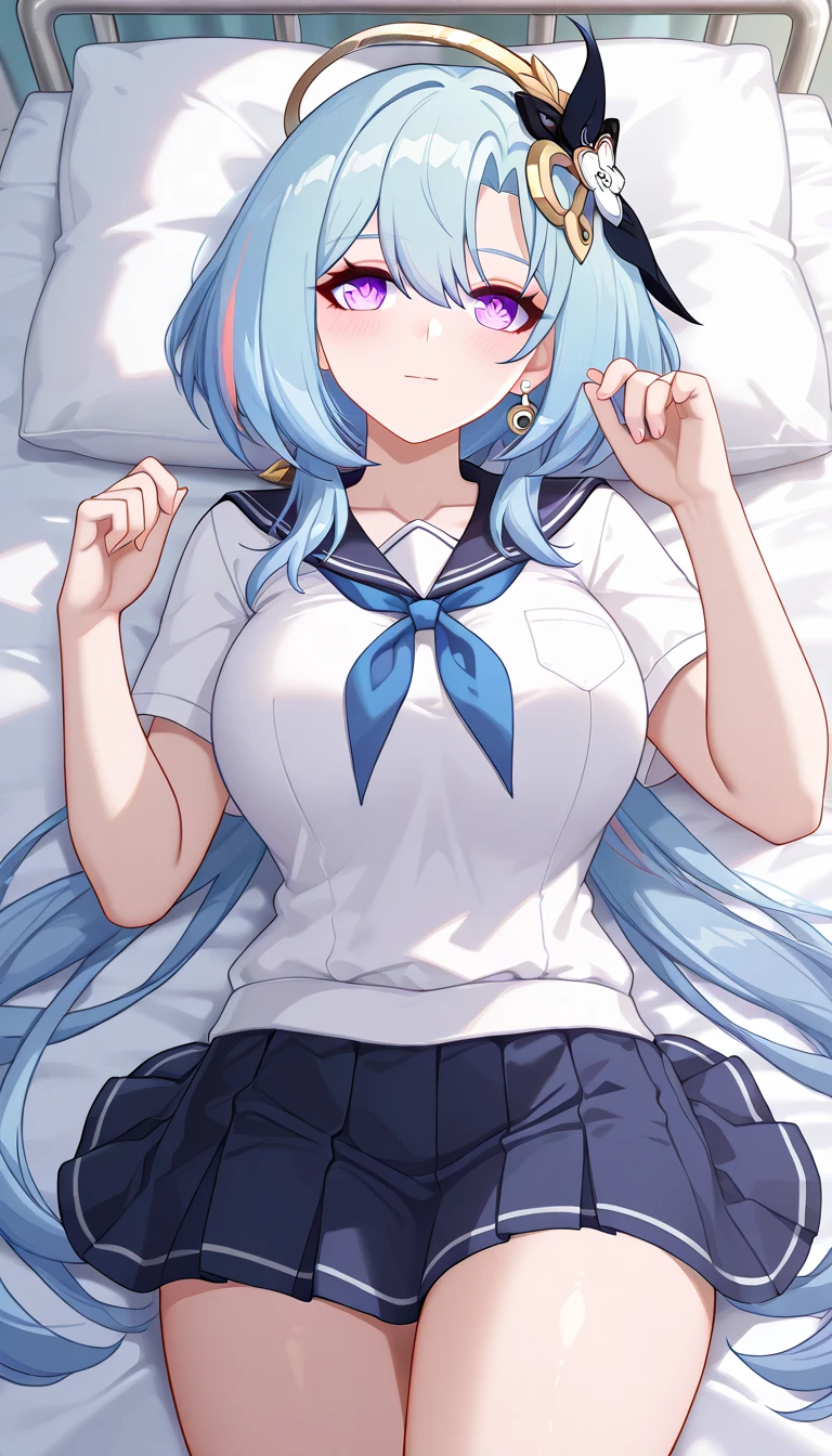 ultra-detailed,(best quality),((masterpiece)),(highres),original,extremely, 1girl, griseo, Cosmic Expression, Gris_Def, honkai impact 3rd,beautiful lady, purple eyes, blue hair, large breasts, blush,closed mouth, happy, multicolored hair, long hair, school uniform , School Infirmary,on the bed, laying on the bed,