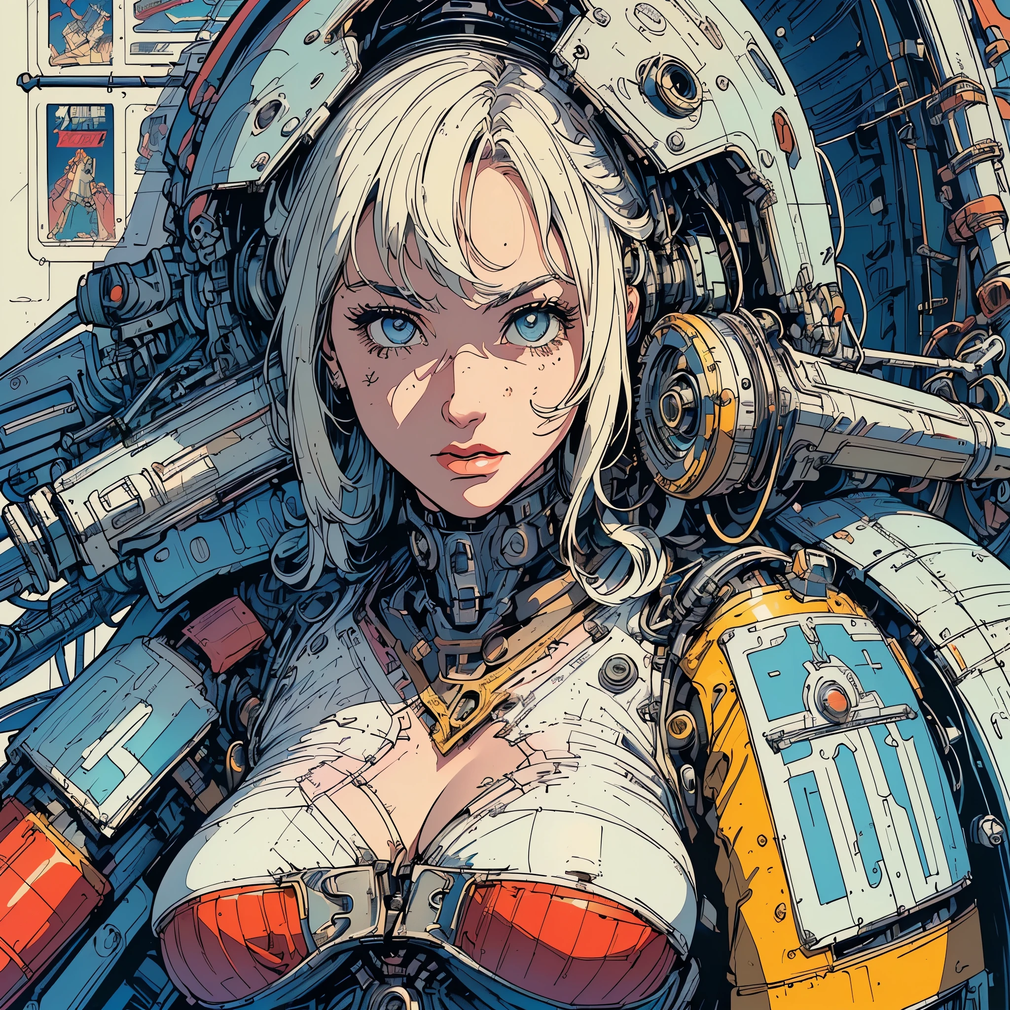 post-apocalyptic art, Alexis Texas as a beautiful madmax woman, perfect body, big tits, big ass, in a white and red cybernetic suit, short white hair, blue eyes, detailed skin texture, detailed cloth texture, beautiful detailed perfect face, she is in a desert city amid wrecked cars and ruined buildings, intricate sharp details, ultra high resolution, professional ominous, an intricate, elegant and highly detailed digital painting, conceptual art, soft and sharp focus, illustration, in the style of Enki Bilal