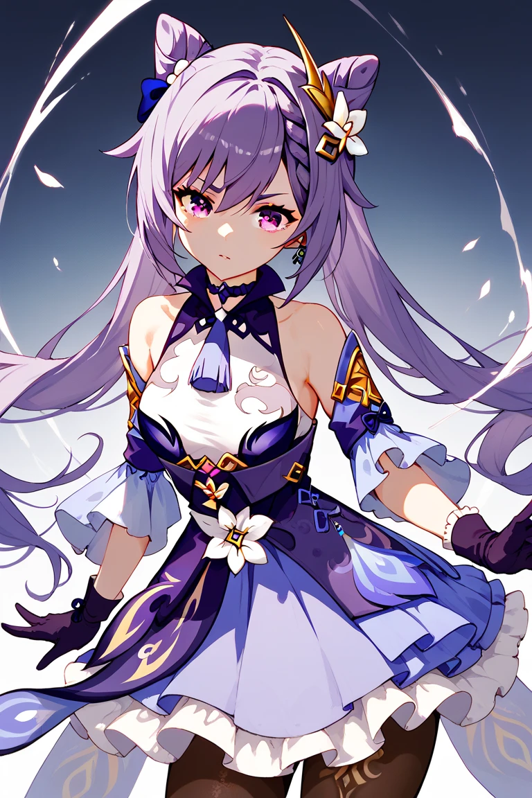 keqing, braid, cone hair bun, hair bun, hair ornament, long hair, purple eyes, purple hair,
bare shoulders, black pantyhose, detached sleeves, dress, gloves,