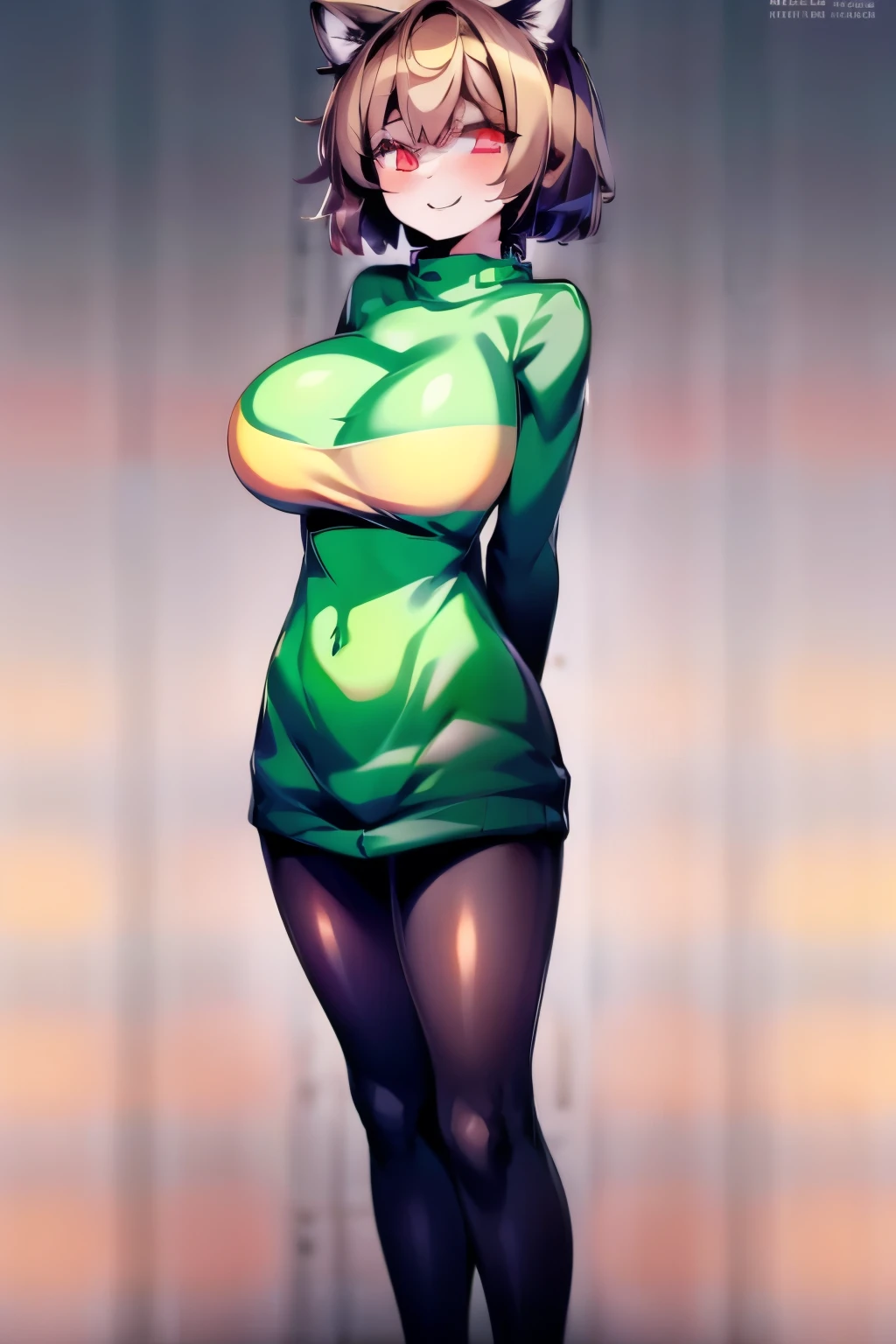  good quality, qualitatively, Measure, Green pastel sweater with a yellow stripe in the middle, 1 girl,  big breasts,  big booty ,  A girl about 18 years old , (big cat ears), (( red eyes )),  Short hair, (white stockings), (short pants),  standing full length, stands in the house.