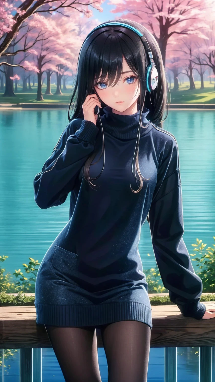  1 girl wearing a long-sleeved sweater to cover her uniform  .  she also wears black tights and wears headphones around her neck. In most cases,  she has bangs partially covering her eyes , small breasts,  blue eyes, Black hair with red lines of hair ,  by the lake by the cherry trees in the park 
