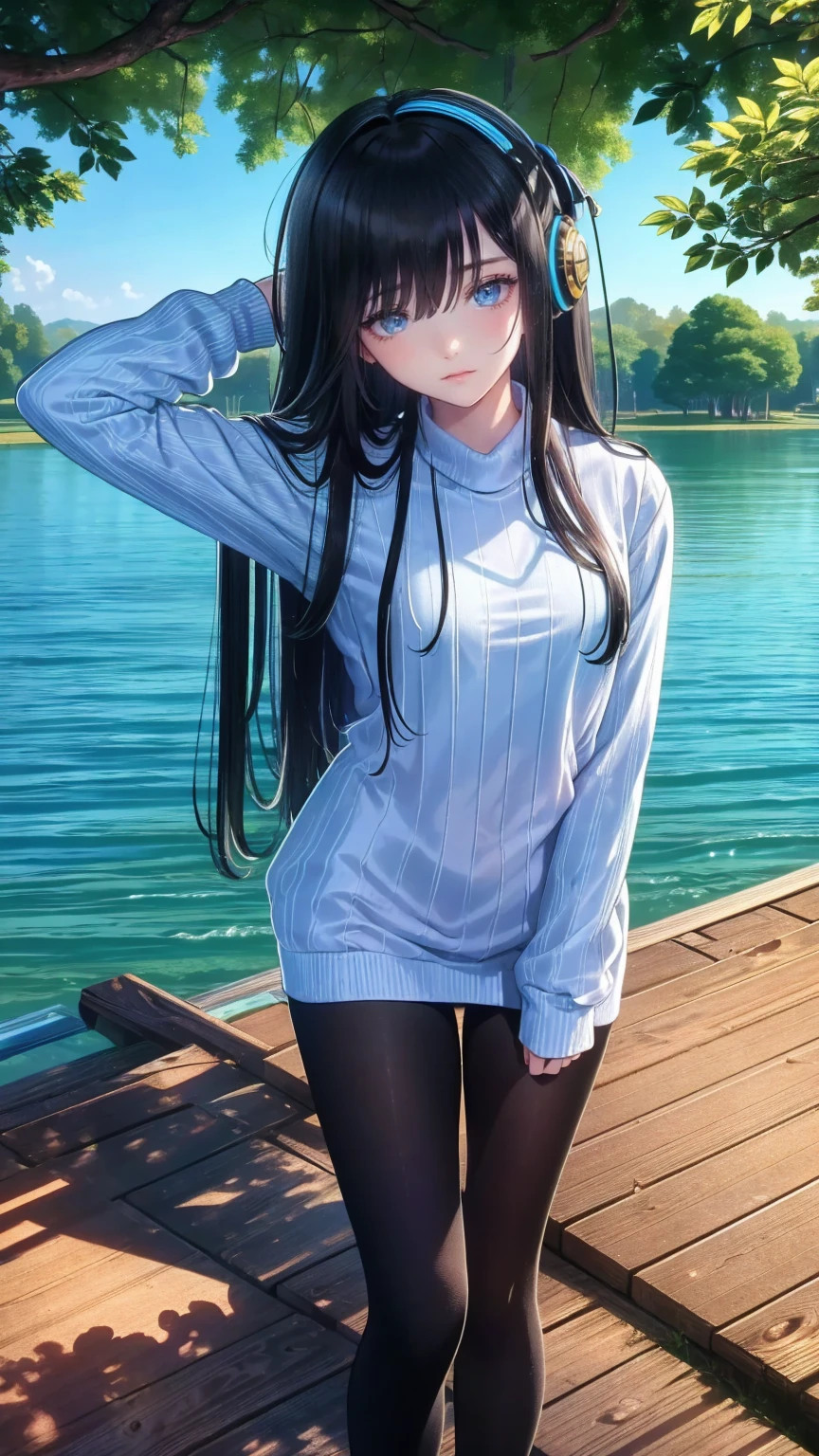  1 girl wearing a long-sleeved sweater to cover her uniform  .  she also wears black tights and wears headphones around her neck. In most cases,  she has bangs partially covering her eyes , small breasts,  blue eyes, Black hair with red lines of hair ,  by the lake by the cherry trees in the park 
