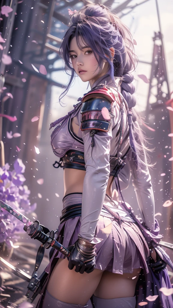 {best quality}, {very aesthetic}, {ultra-detailed}, nsfw、((from behind, cowboy shot, looking back))、Sexy Lolita female character wearing purple armor as a warrior from the Sengoku period、((realistic))、((rope braid hair))、((Mauve blue hair ))、((toned body))、(glistening skin)、loli、、 tight body、((flat chest))、((side boob))、 flat chested、 plump thighs 、 purple armor with violet flower patterns engraved 、((side boob))、(  wearing a cape with a violet flower pattern )、(drape skirt)、 purple armor with violet flowers engraved on it 、 purple high-leg underwear 、Purple tights、 absolute domain、(holding katana)、Dramatic lighting、Brilliant sunrise、 on top of the hill、((Violets dancing ))、(( full bloom in the background ))、(( large violet flowers in full bloom on the front ))、 cinema-like scene 、 Max Image、 Ultra High Definition、8k、masterpiece、crisp quality、