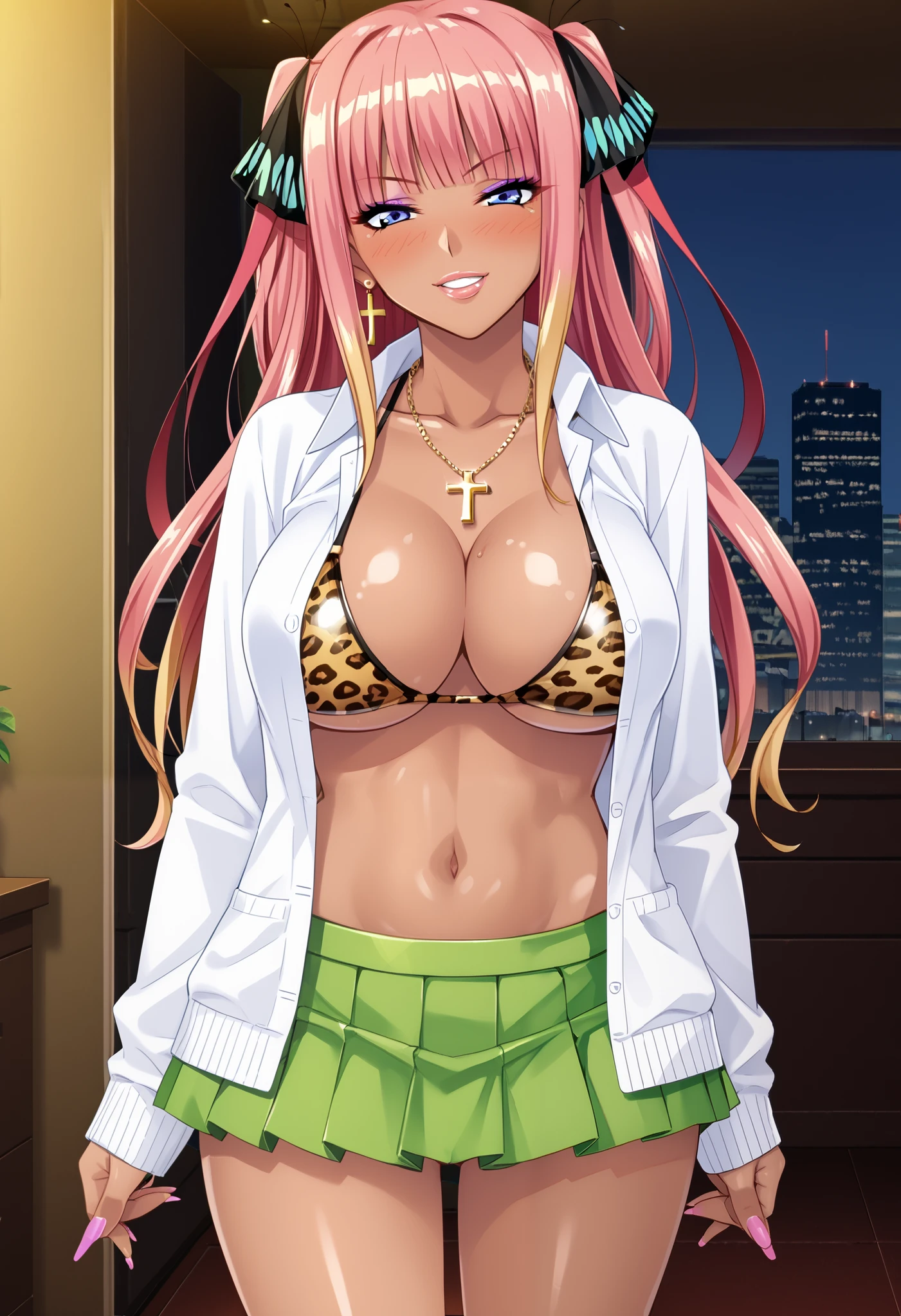  slutty_clothes,nino nakano, long hair, bangs, blue eyes, hair ornament, hair ribbon, pink hair, blunt bangs, two side up, butterfly hair ornament,
skirt, shirt, long sleeves, white shirt, pleated skirt, open clothes, collared shirt, sleeves past wrists, dress shirt, cardigan, green skirt, open cardigan, black cardigan, BREAK gyaru, (dark skin), (dark-skinned female), metallic tan, multicolored hair, blonde hair, (makeup), eyeshadow, grin, parted lips, blush, mature female, tall girl, looking at viewer, gleaming skin, bikini top, leopard print, cleavage, navel, cross earrings, necklaces, fishnets, (from front), standing, cowboy shot, rating_explicit, score_9, score_8_up, score_7_up, uncensored,