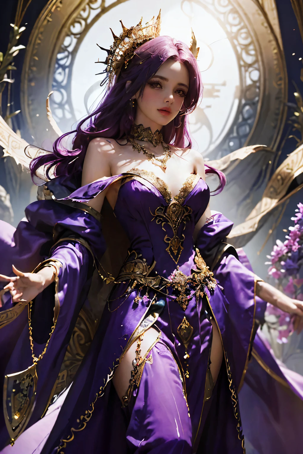 tmasterpiece，Highest high resolution，Dynamic bust of beautiful aristocratic maiden，Jet black hair is elegantly coiled，Purple clear eyes，The hair is covered with beautiful and delicate floral craftsmanship, Crystal jewelry filigree，Ultra-detailed details，upscaled。
