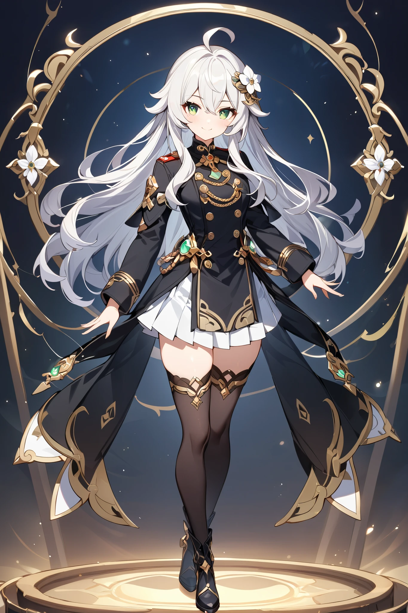only 1girl, empty background, detailed eyes, well-defined eyes, ahoge, cute, 1girl, long white hair, hair white flower ornament, green eyes, round eyes, long hair, military uniform, black jacket, gold accents, white pleated skirt, thigh-high socks, black boots, smiling expression, detailed design, high quality, fantasy style outfit, elegant aesthetic, masterpiece, best quality. standing pose, full body view, extremely detailed, genshin art style, best quality, amazing quality, very aesthetic, highres, incredibly absurdres, symmetrical face, detailed eyes, well-defined eyes
