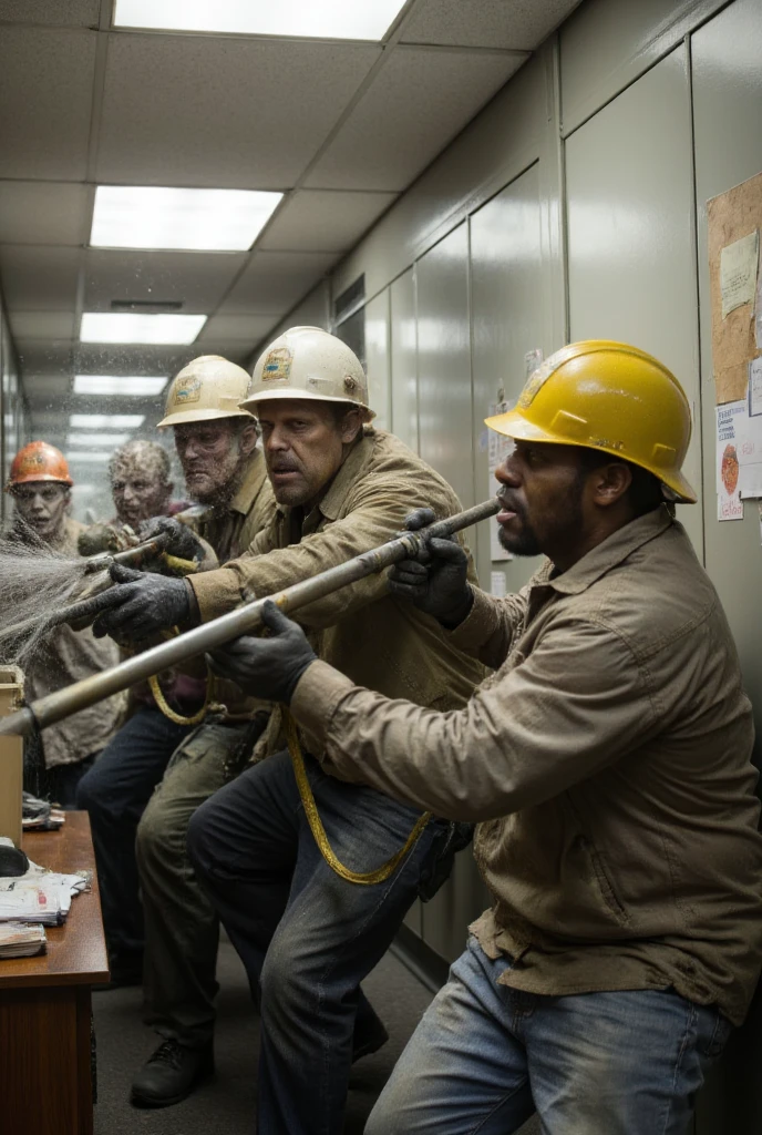 Side shot of three people hitting the opposite zombie with a water gun，In the office corridor，Three people wearing safety helmets and work clothes are using fire water guns to stop the zombies on opposite sides