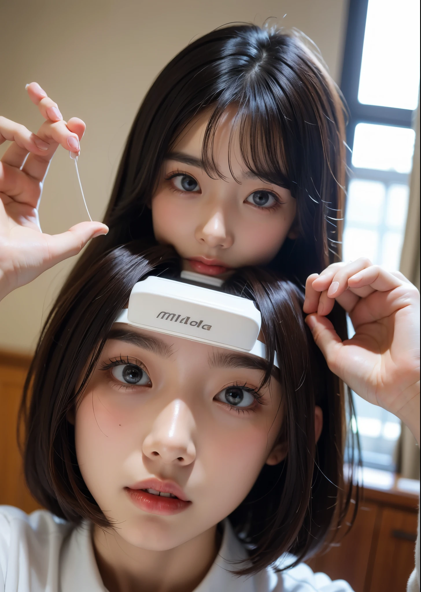 There are two Asian girls taking a selfie in the bathroom., 8k selfie photography, ulzzang, [ foto realista ]!!, con un gemelo, Piel blanca lechosa, 4k ], 4k], sakimichan, con cara linda - fina, [ foto realistagraphy ], desde 8k mate, two girls, maquillaje popular de corea del sur, jaeyeon nam, ambas tienen el cabello color naranja, Orange, cabello Orange, 
