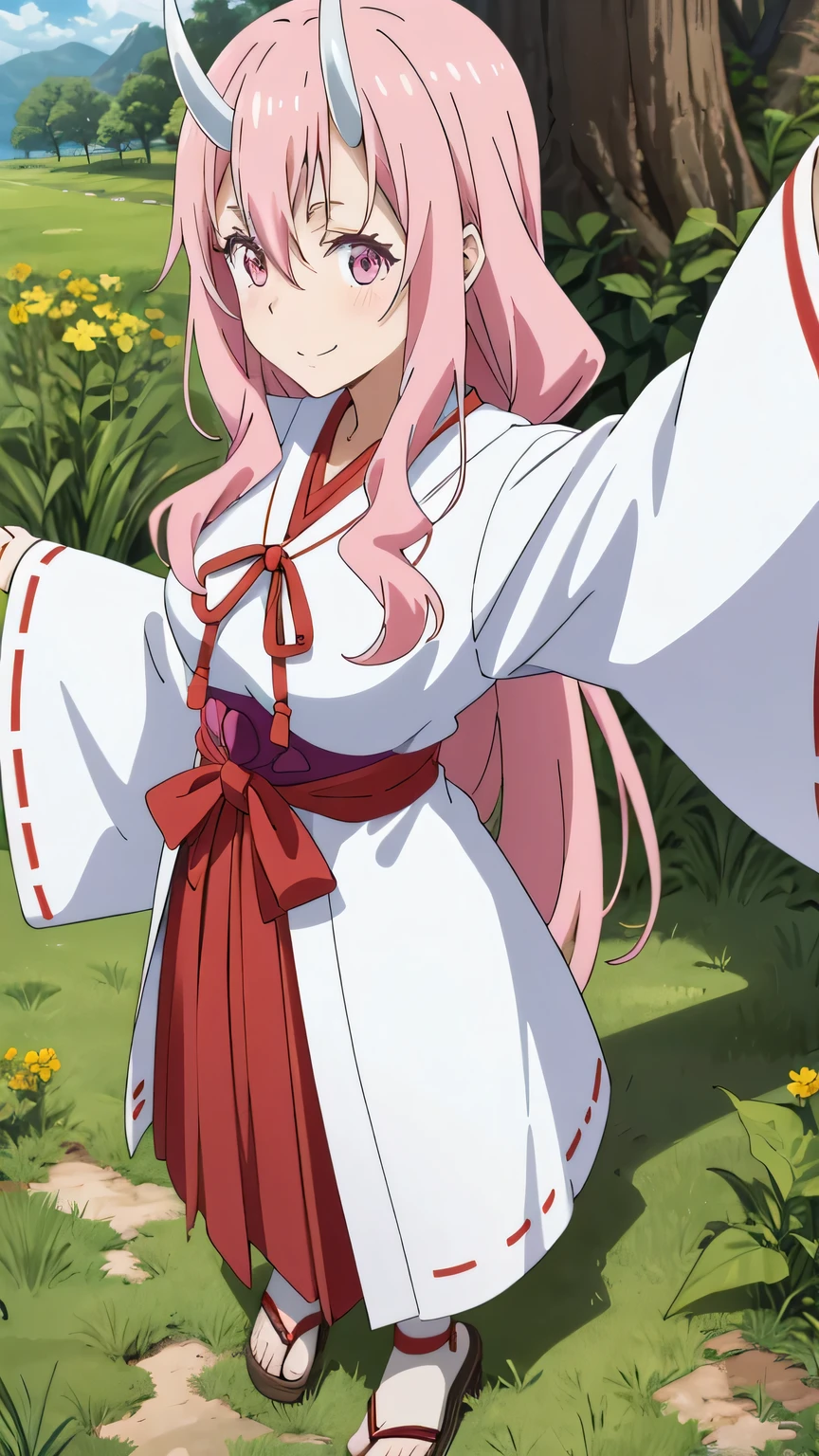 {{{masterpiece}}}, (best quality:1.5), (ultra-detailed:1.5), {illustration}, {{an extremely delicate and beautiful}}, (beautiful detailed eyes:1.5), absurdres, highres, extremely detailed face, 16k, hd, visual anime de uma jovem mulher, extremamente bonito rosto de anime, anime melhor garota, (perfect hands, perfect anatomy), anime face, shuna (tensura), 1girl, solo, cute face, white horns, oni horns, pink hair, very long hair, sidelocks, bangs, hair between eyes, low-tied long hair, (pink eyes:1.2), medium breasts, thin waist, big hips, curvaceous, BREAK, japanese_clothes, shrine maiden, white coat, (red neck ribbon:1.3), white sleeves, long sleeves, wide sleeves, ribbon-trimmed sleeves, waist ribbon(red ribbon), red hakama, ribbon trim, tabi, white legwear, sandals, BREAK, INCOMING HUG, INCOMING KISS, spread both arms, blush, sorriso alegre, visual anime de uma jovem mulher, extremamente bonito rosto de anime, anime melhor garota, outdoor, sky, daytime, forest, field, profile, from above, looking at viewer