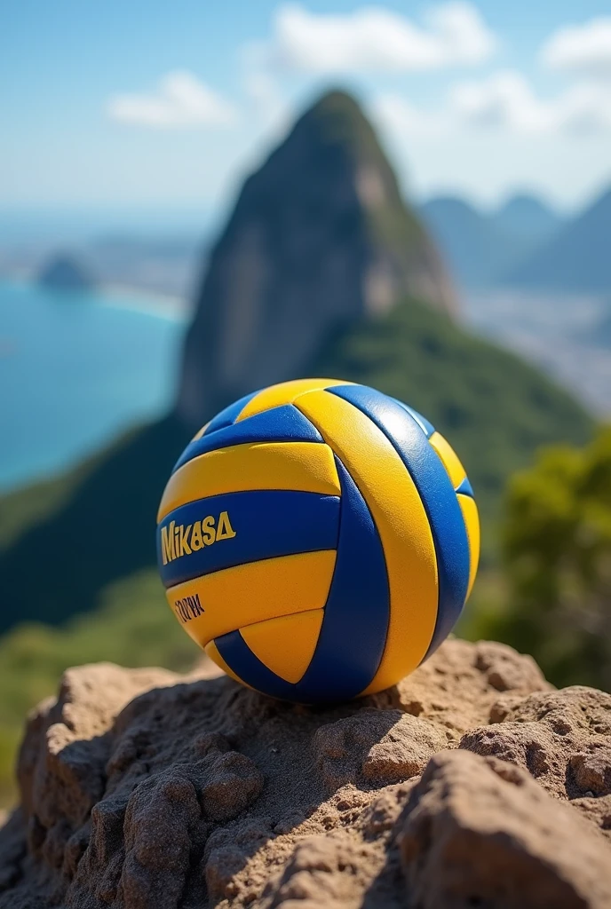 Beach volleyball. The ball is in front, male and female players behind. The players are at the Olympics. It's night and they are wearing shorts and tank tops, the brand of the ball is Resenha. The image focuses on the ball and the Resenha brand.. Review is written in metallic gold. I need more highlight for the ball.