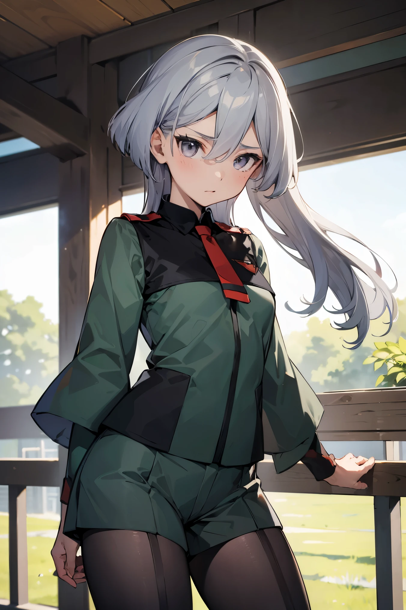 NSFW,masterpiece, top quality, high definition , very detailed ,miorine rembran、Asticasia uniform、solo、 long hair on background、 gray eyes、Grey Hair、 、Seamed legwear、 green shorts、 ties、bangs、 hair between eyes、 black pantyhose、 Long Sleeve 、 green jacket、Floating Hair、赤い ties,School,classroom