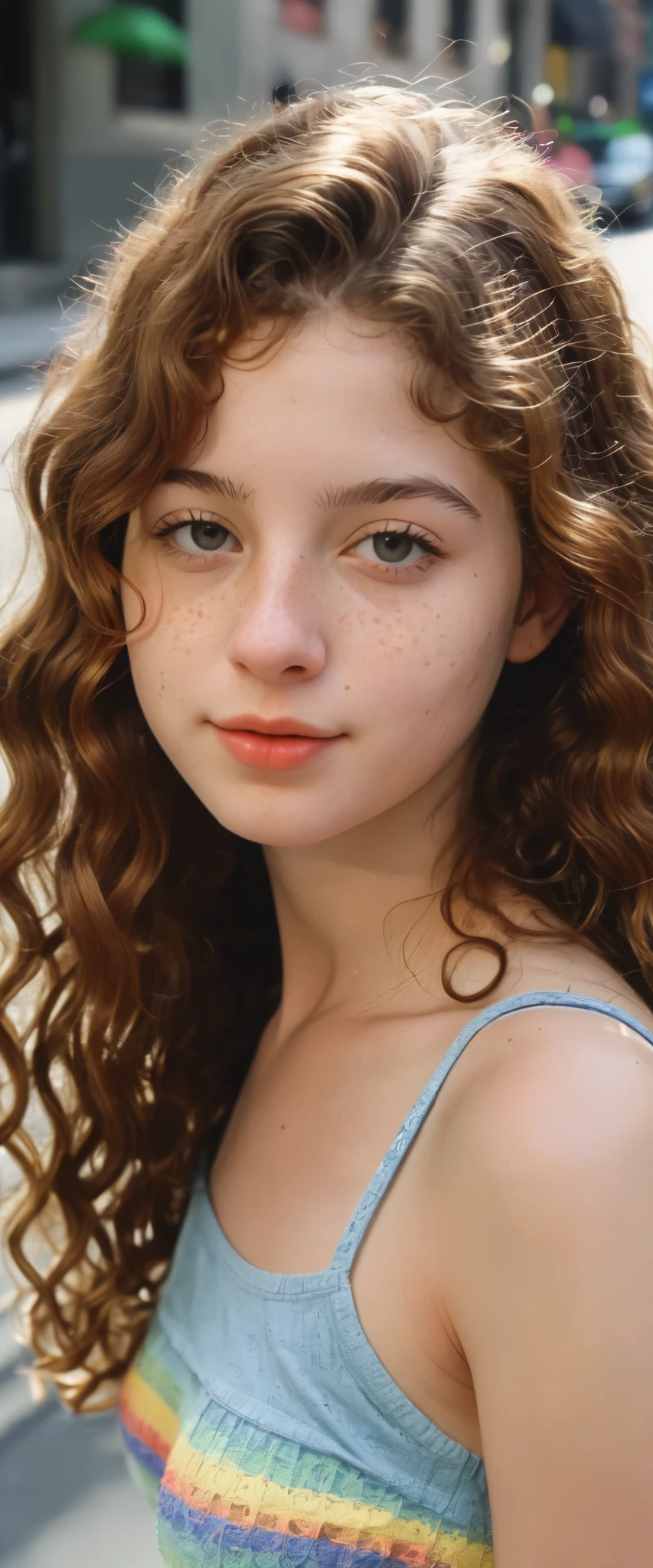 (indistinguishable from reality:1.4), 1girl, selfie, An half portrait of a beautiful 18y.o New York , (detailed facial features), (freckles:0.2), (acne:0.1), long thick luxurious curly hair, beautiful Jewish nose, shy smile, walking on street, sunny day, sun, ultra detailed texture cropped, bright primary colors, Nikon FM2, 35mm SLR