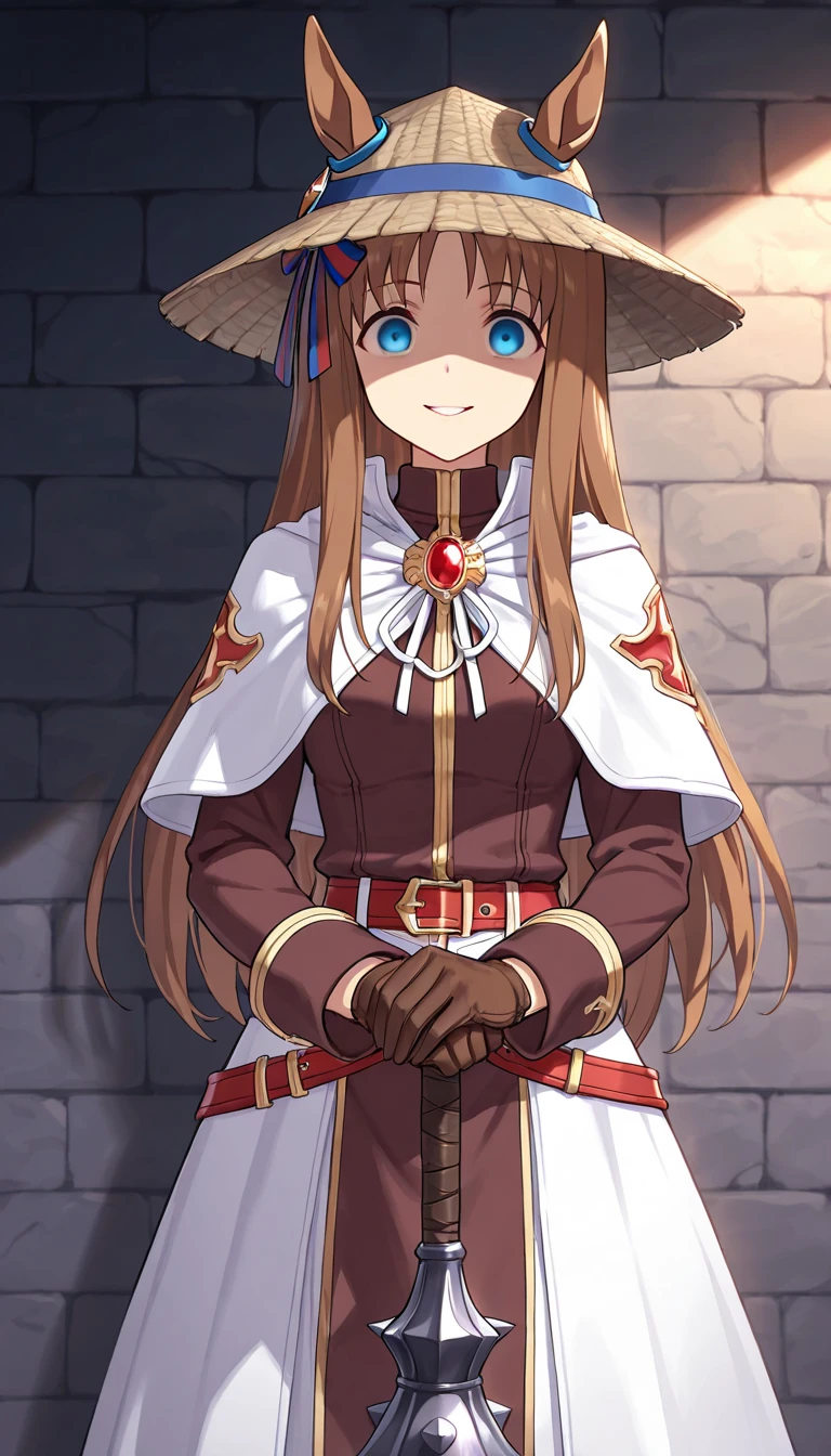 masterpiece , 1 girl , detailed game cg , fantasy , grass wonder \(umamusume\) , wearing Acolyte \(Ragnarok Online\) , japanese bamboo hat , white capelet , brooch , brown shirt , long sleeves , brown gloves , wide belt , white skirt , long skirt , shaded face , bewitching smile , scary but cute , stare gently , ecstatic eyes , holding mace , Blood stained mace , hand on mace , looking at viewer , intimidation , cowboy shot , dungeon ,