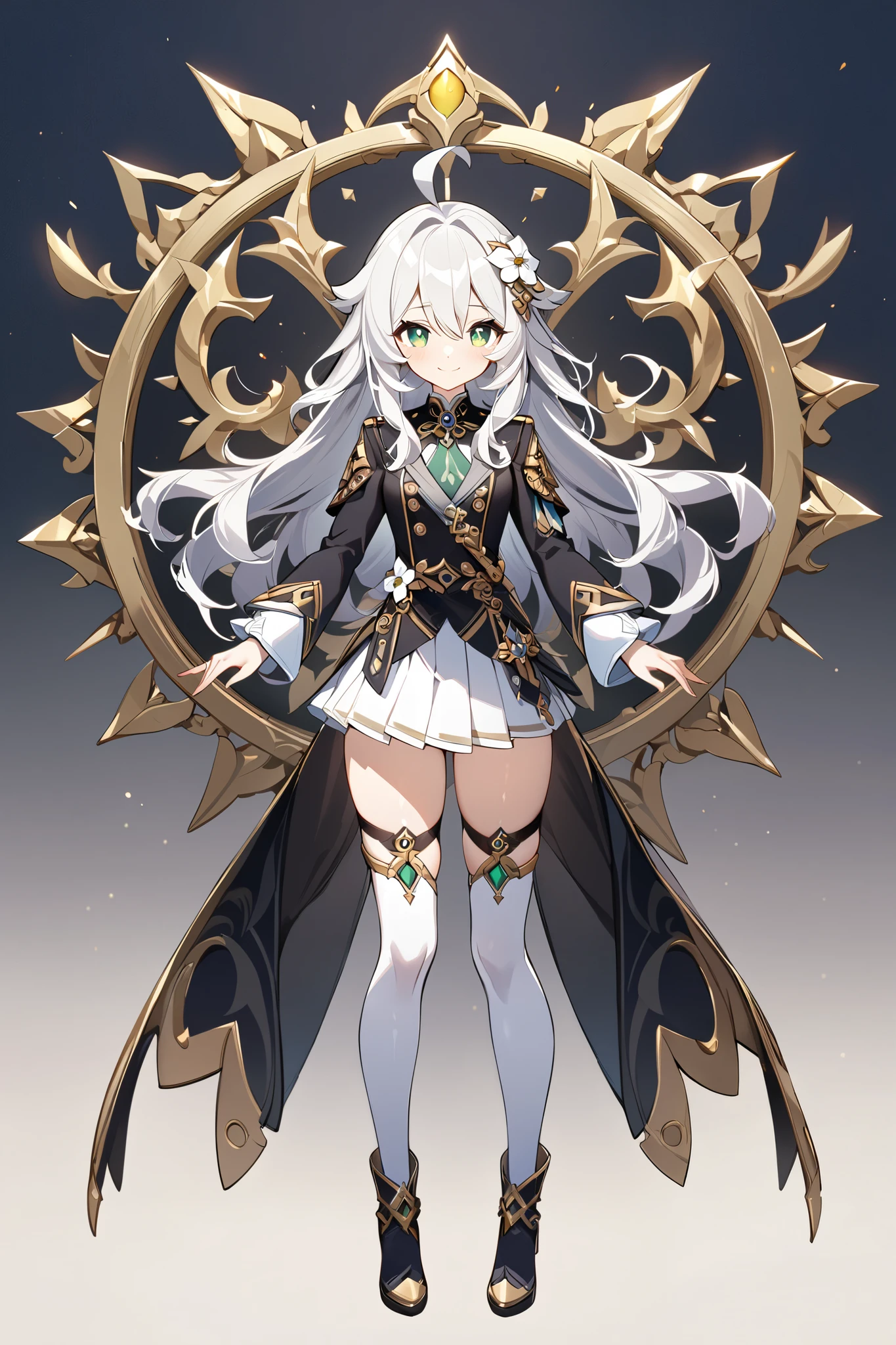 only 1girl, empty background, detailed eyes, well-defined eyes, ahoge, cute, 1girl, long white hair, hair white flower ornament, green eyes, round eyes, long hair, military uniform, black jacket, gold accents, white pleated skirt, thigh-high socks, black boots, smiling expression, detailed design, high quality, fantasy style outfit, elegant aesthetic, masterpiece, best quality. standing pose, full body view, extremely detailed, genshin art style, best quality, amazing quality, very aesthetic, highres, incredibly absurdres, symmetrical face, detailed eyes, well-defined eyes