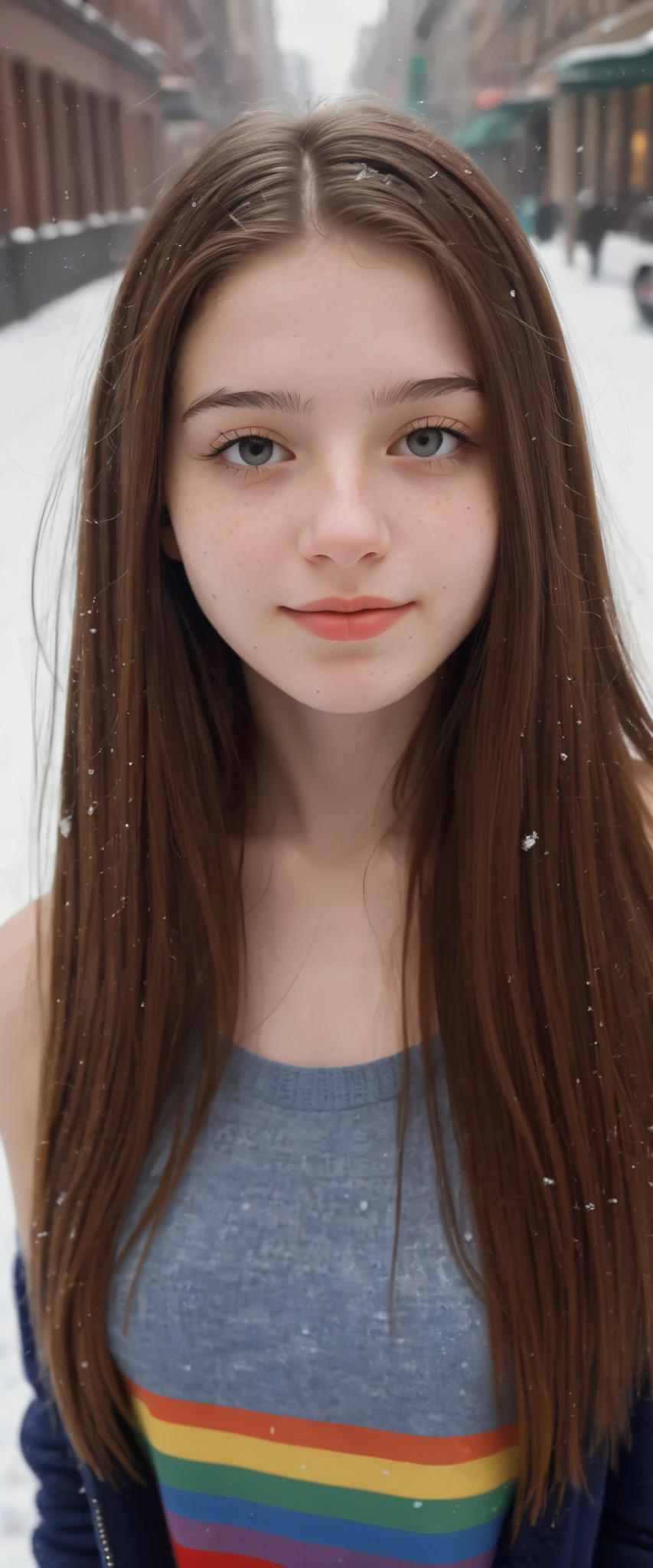 (indistinguishable from reality:1.4), 1girl, selfie, An half portrait of a beautiful 18y.o New York , (detailed facial features), (freckles:0.2), (acne:0.1), long thick luxurious straight hair, beautiful Jewish nose, shy smile, walking on street, winter, snowfall, ultra detailed texture tank top, bright primary colors, Nikon FM2, 35mm SLR full body