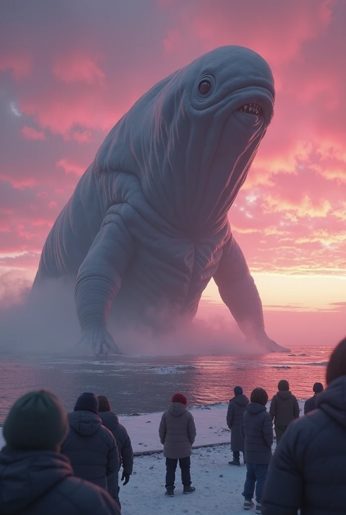 monster, Big body type, Standing in the sea, Smooth surface, the whole body is white, I can't stand it, cough, There are small fishing boats around., There are icebergs around, A spectacular sight, heavy atmosphere, Surrealism, Chiaroscuro, Cinema Lighting, Wide Shot, masterpiece, Accurate, Super Detail, Attention to detail, Highest quality