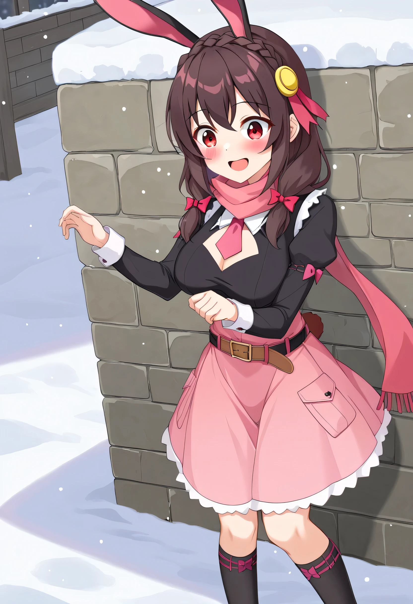 yunyun、masterpiece, top quality,  high definition ,(one person), Yunyun、 Former name yunyun,  crown braid the same color as hair,  black hair、 red eyes、 hair accessories ,  hair ribbon, ( Pink tie :1.2), Black long sleeve,  pink skirt,  Knee-High Socks, belt, ( chest cutout ),( clevis on a stone)、 big-breasted 、(blush)、Surprised Smile、Snow Scene、(Rabbit made of snow )、 I'm wearing a scarf 、 it's snowing、Snow is piled up on my head、♥、❤