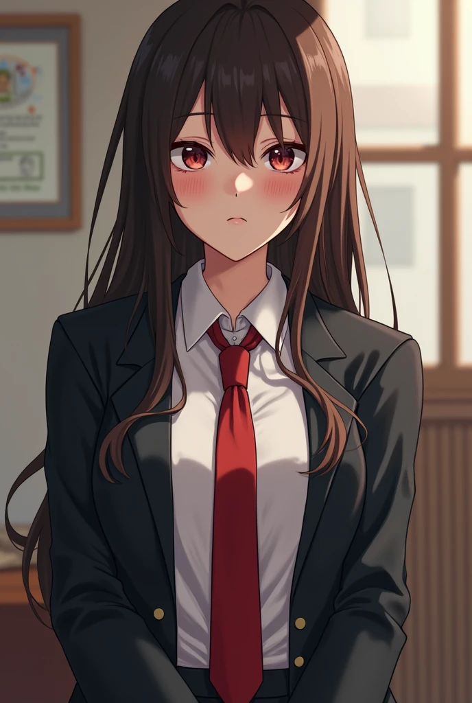 ((masterpiece,best quality,ultra detailed,8k)),brown_hair,collared_shirt,jacket,long_sleeves,makise_kurisu,sitting on a chair hand lay low, extremely dark room, red_necktie,solo,1girl,white_shirt,perfect face,red_hair, (sad:1.2),full body, (close_mouth)