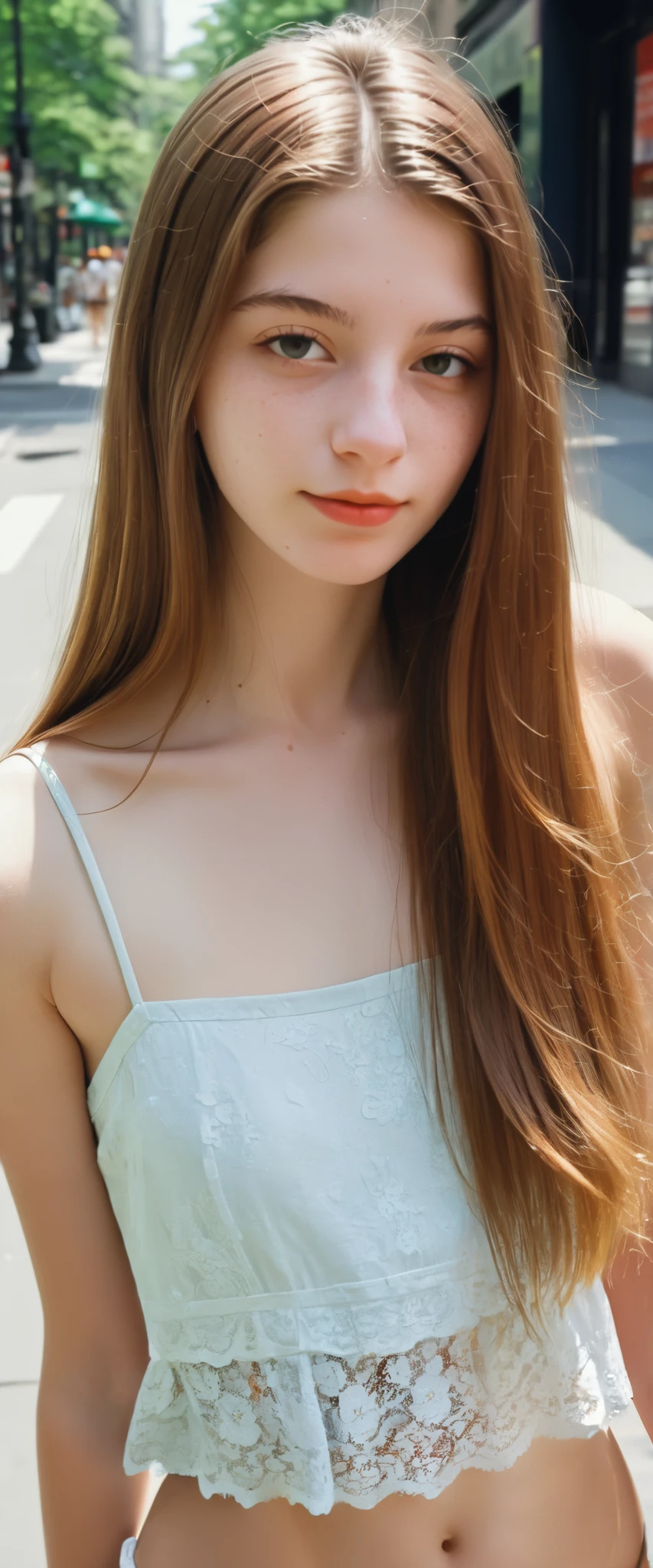 (indistinguishable from reality:1.4), 1girl, selfie, An half portrait of a beautiful 18y.o New York , (detailed facial features), (freckles:0.2), (acne:0.1), long thick luxurious straight hair, beautiful Jewish nose, shy smile, walking on street, summer, sun, ultra detailed texture cropped, bright primary colors, Nikon FM2, 35mm SLR full body