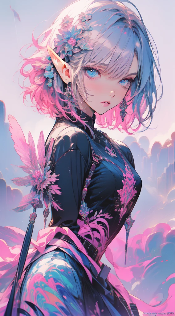 (masterpiece, top quality, best quality, official art, beautiful and aesthetic:1.2), (elf), (1girl), Bob cut hair, parted bangs, (hair over one eye), white hair, lips, eyelashes, makeup, blue eyes, eyeshadow, pink eyeshadow, pink lips, extreme detailed,(fractal art:1.3),colorful,highest detailed, art by Artgerm, by wadim kashin, by Kawacy, by Yusuke Murata