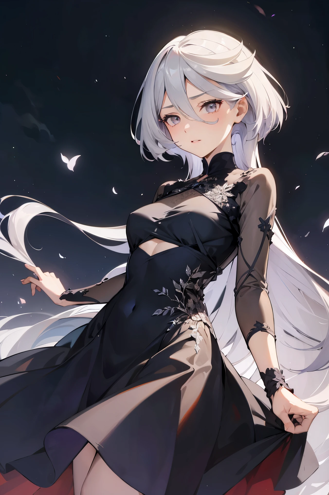 NSFW,masterpiece, top quality, high definition , very detailed ,miorine rembran、 long hair on background、 gray eyes、Grey Hair、 、bangs、 hair between eyes、Floating Hair,(High-quality dress:1.3)